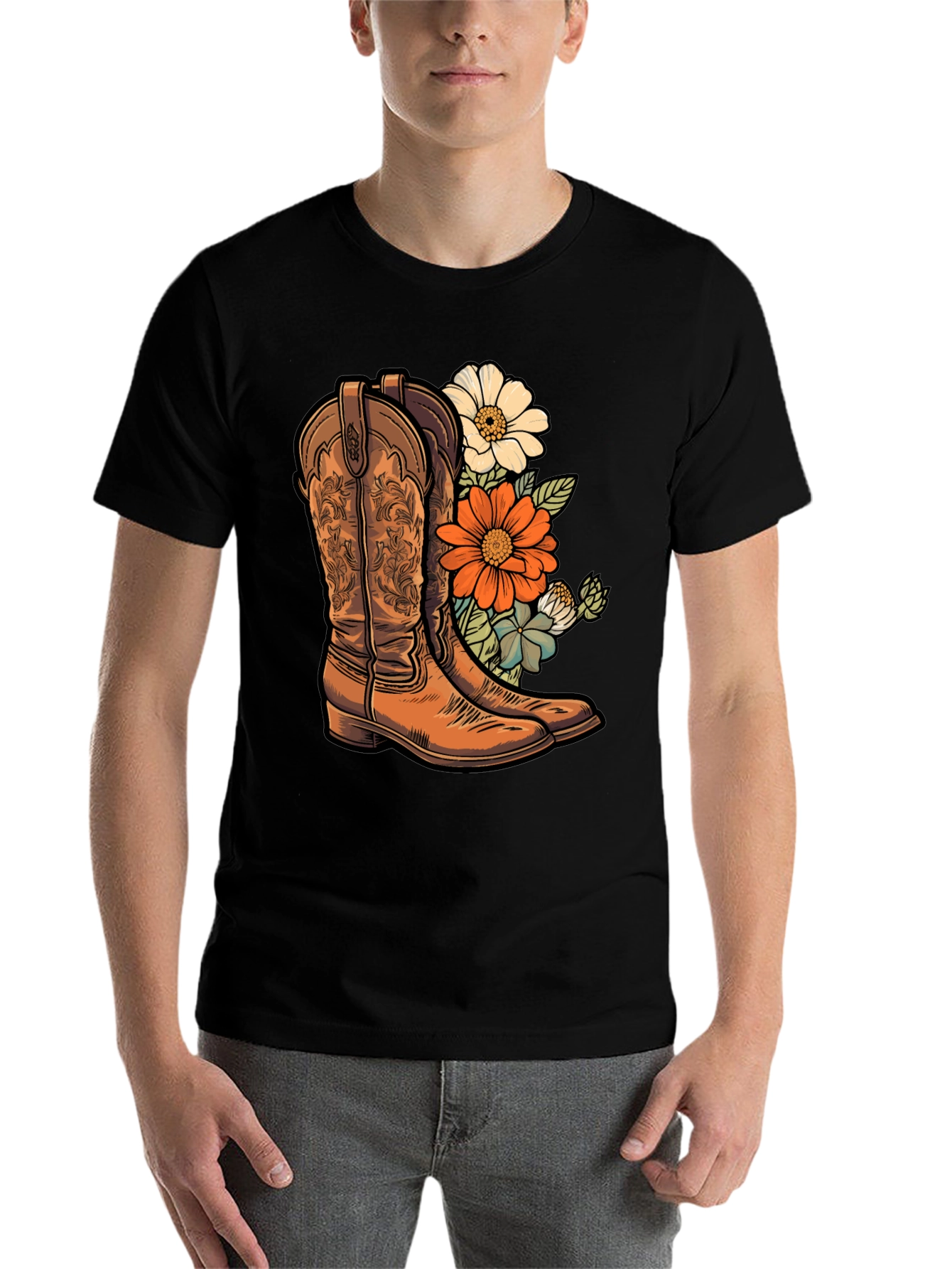 Black Cowboy Boots & Floral T-Shirt - Western Style Tee view 7