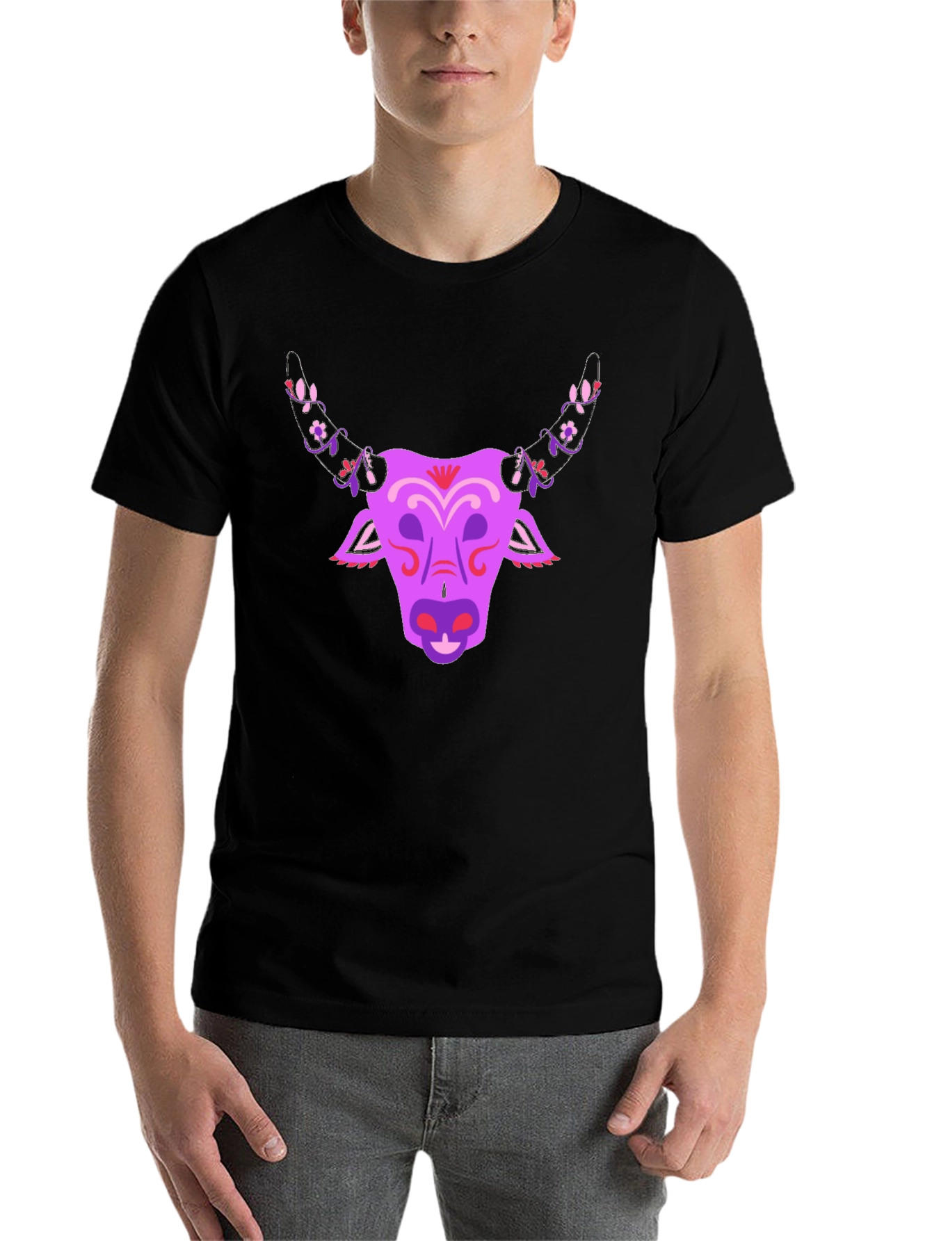 Black Floral Bull Graphic T-Shirt - Unique Design view 7
