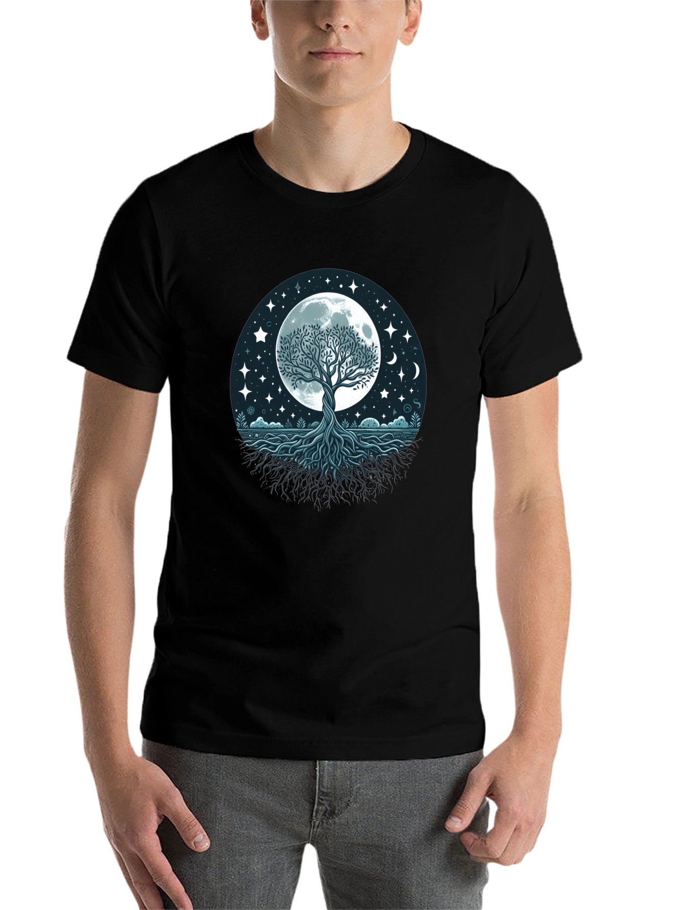 Black Mystic Tree of Life Moon Graphic Tee - Black Cotton Shirt view 7