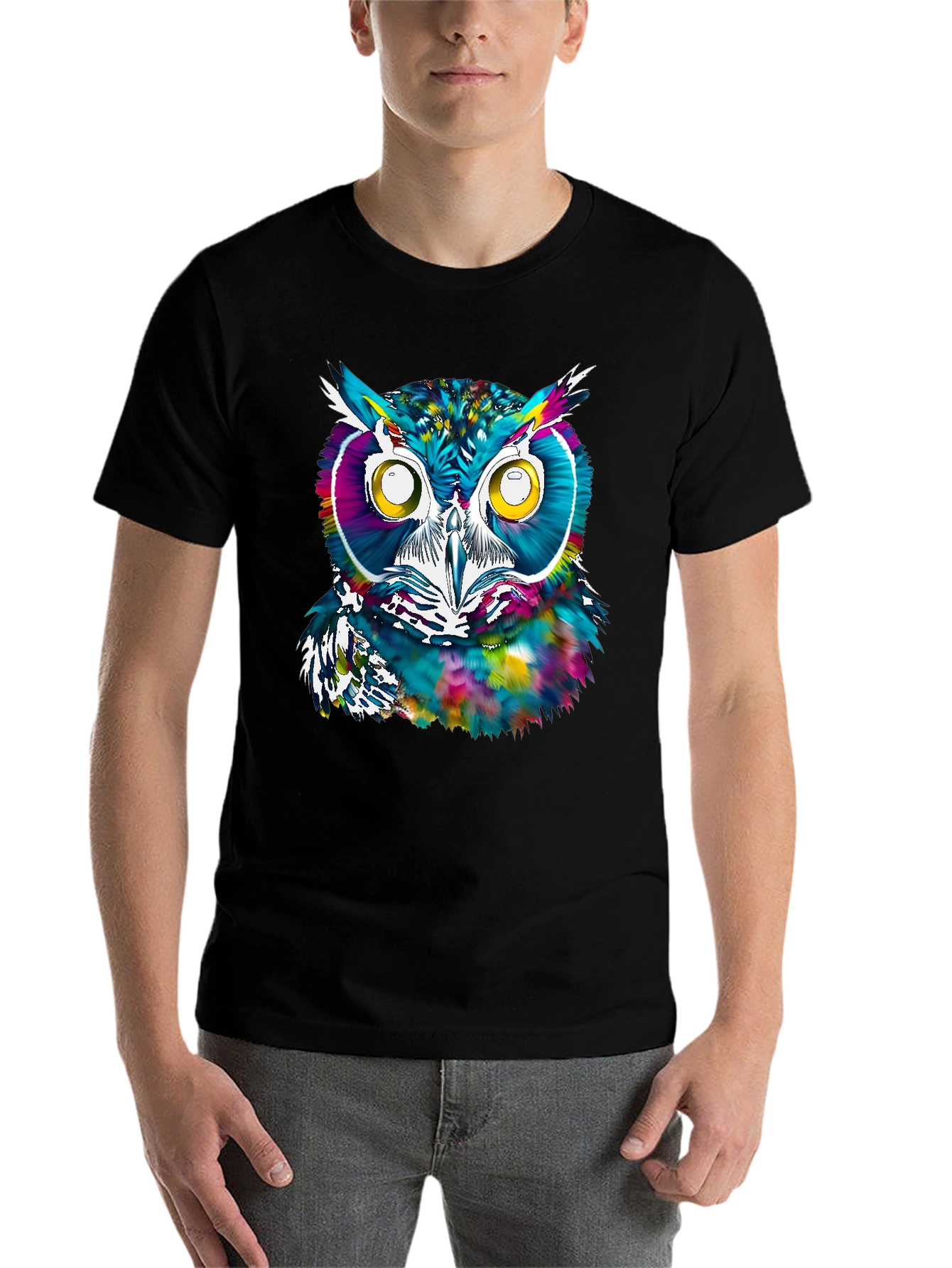 Black Colorful Owl Graphic Print T-Shirt view 7