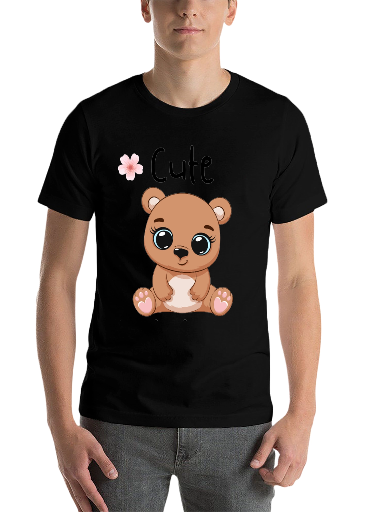 Black Cute Bear Graphic Tee - Black Cotton T-Shirt view 7