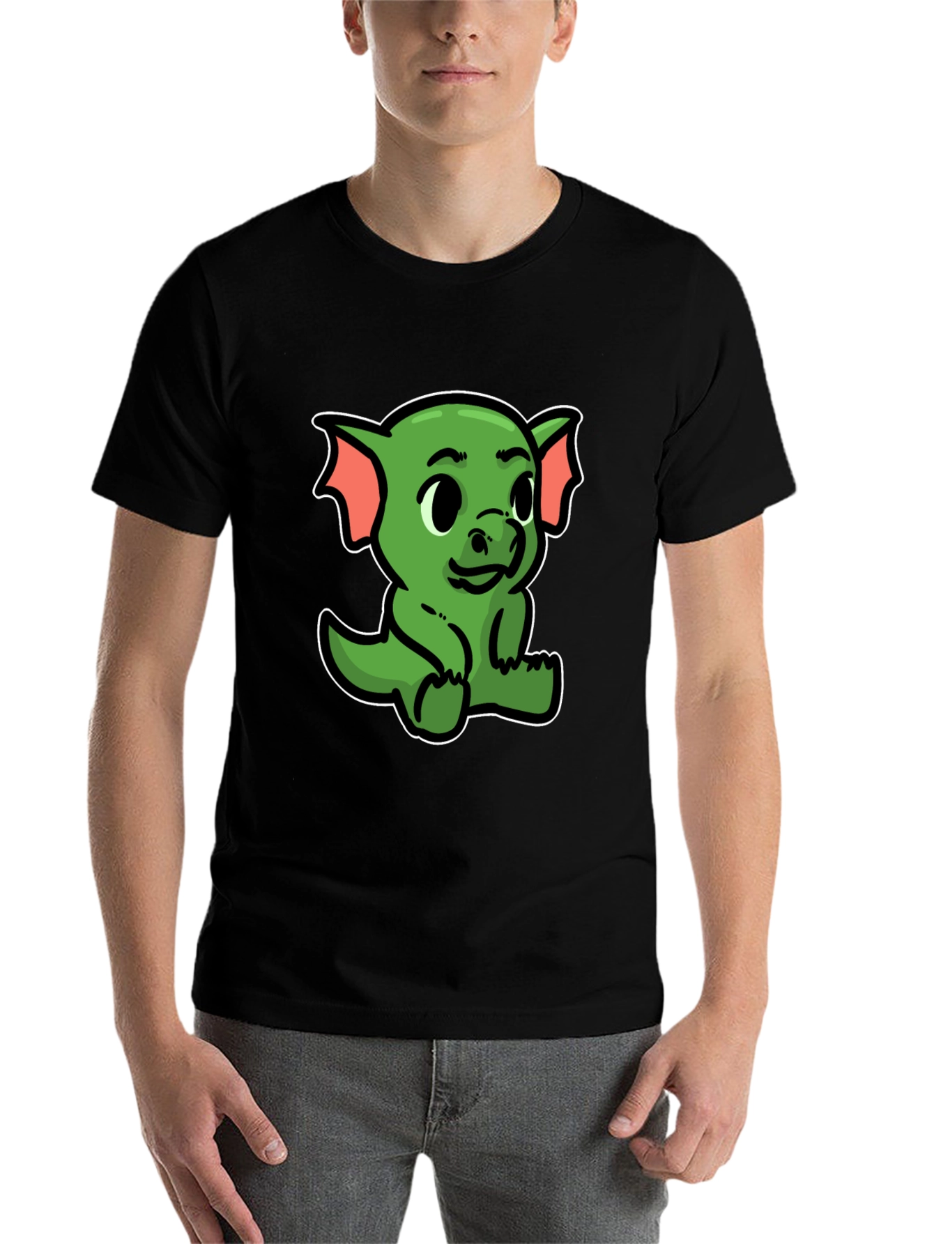 Black Cute Green Dragon Cartoon Black T-Shirt view 7