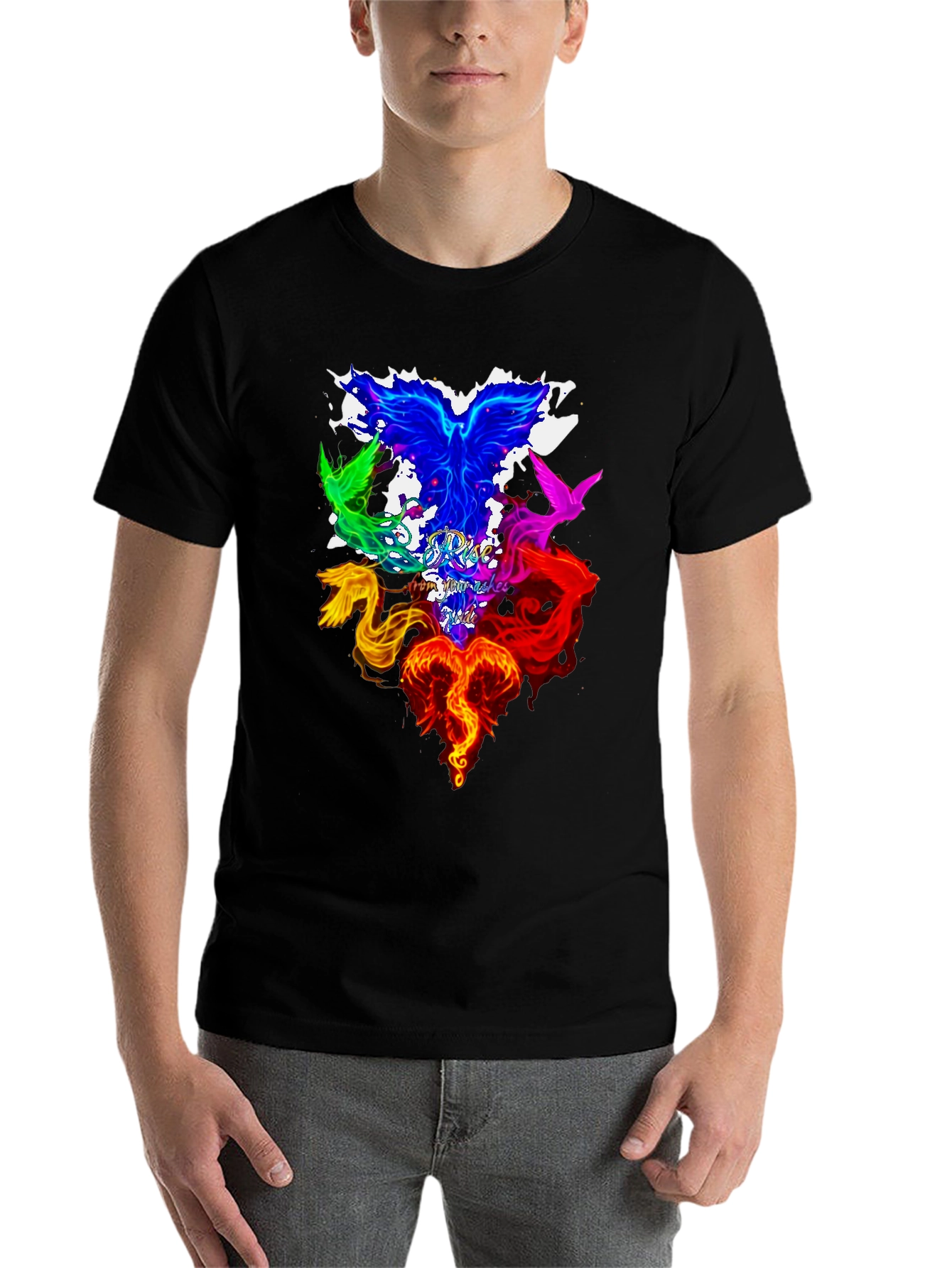 Black Rise from Ashes Phoenix Graphic Tee - Colorful Bird Design view 7