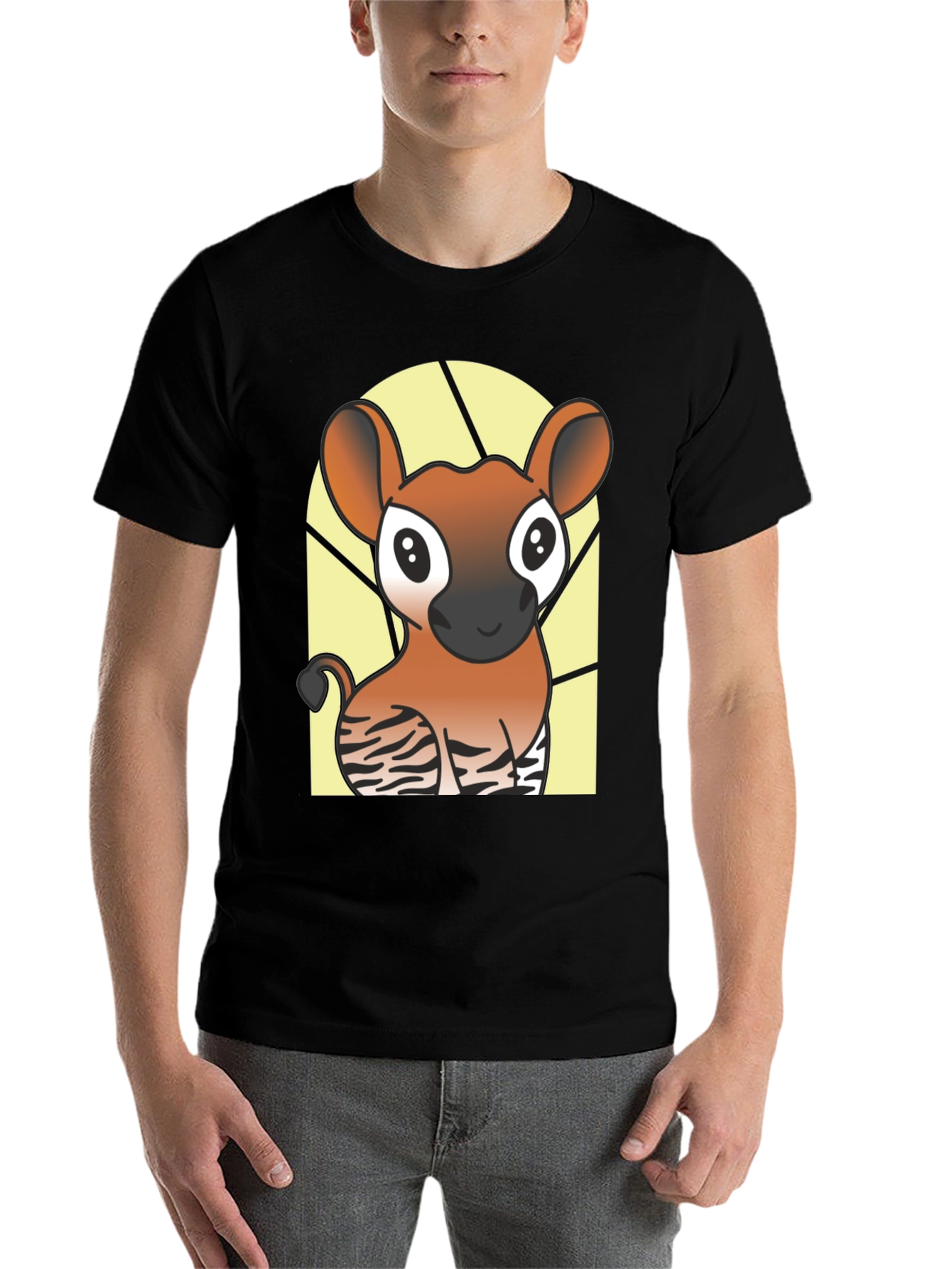 Black Cute Okapi Cartoon Black T-Shirt view 7