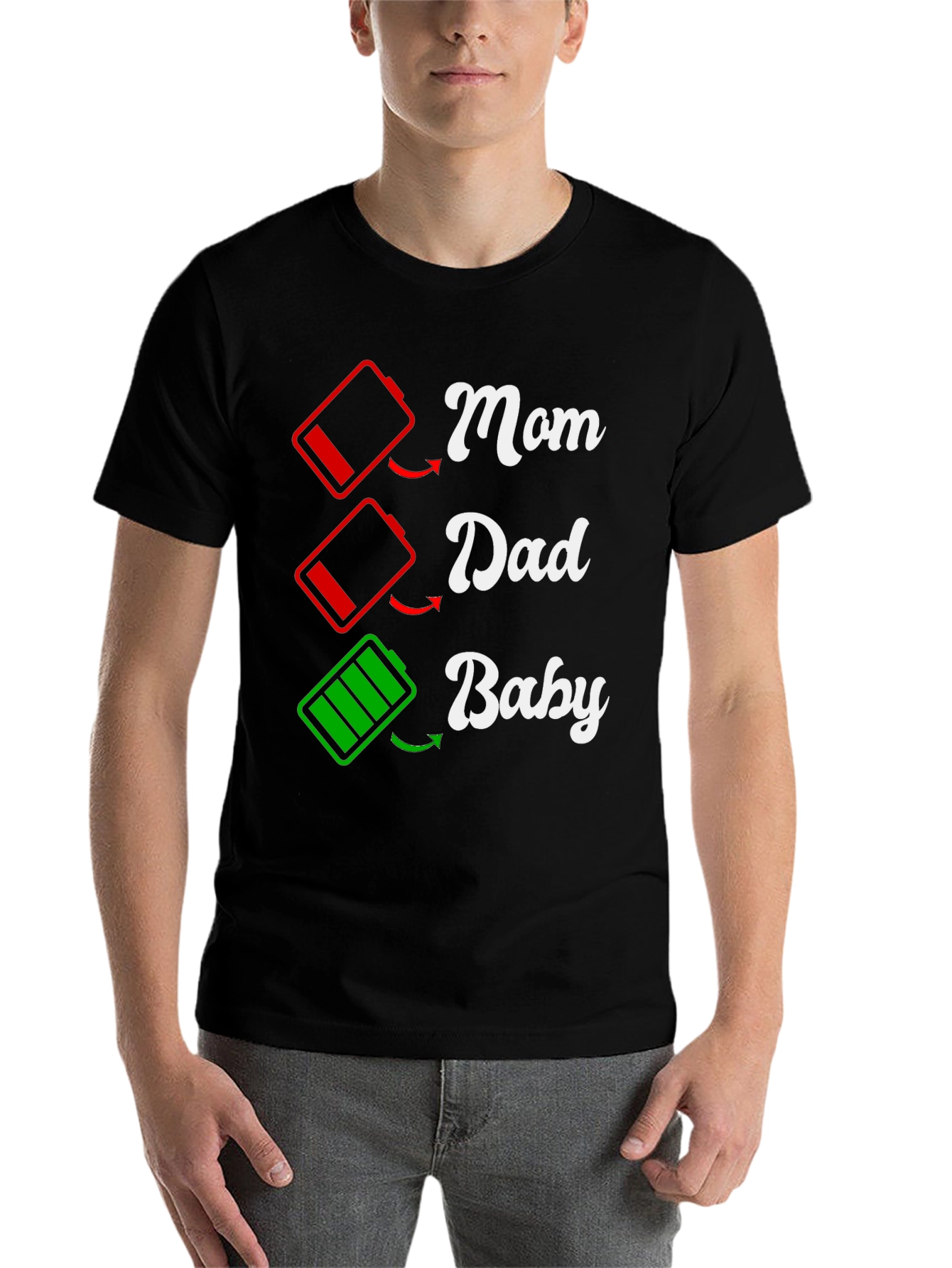 Black Funny Family Matching T-Shirt: Low Battery Mom Dad Baby  view 7