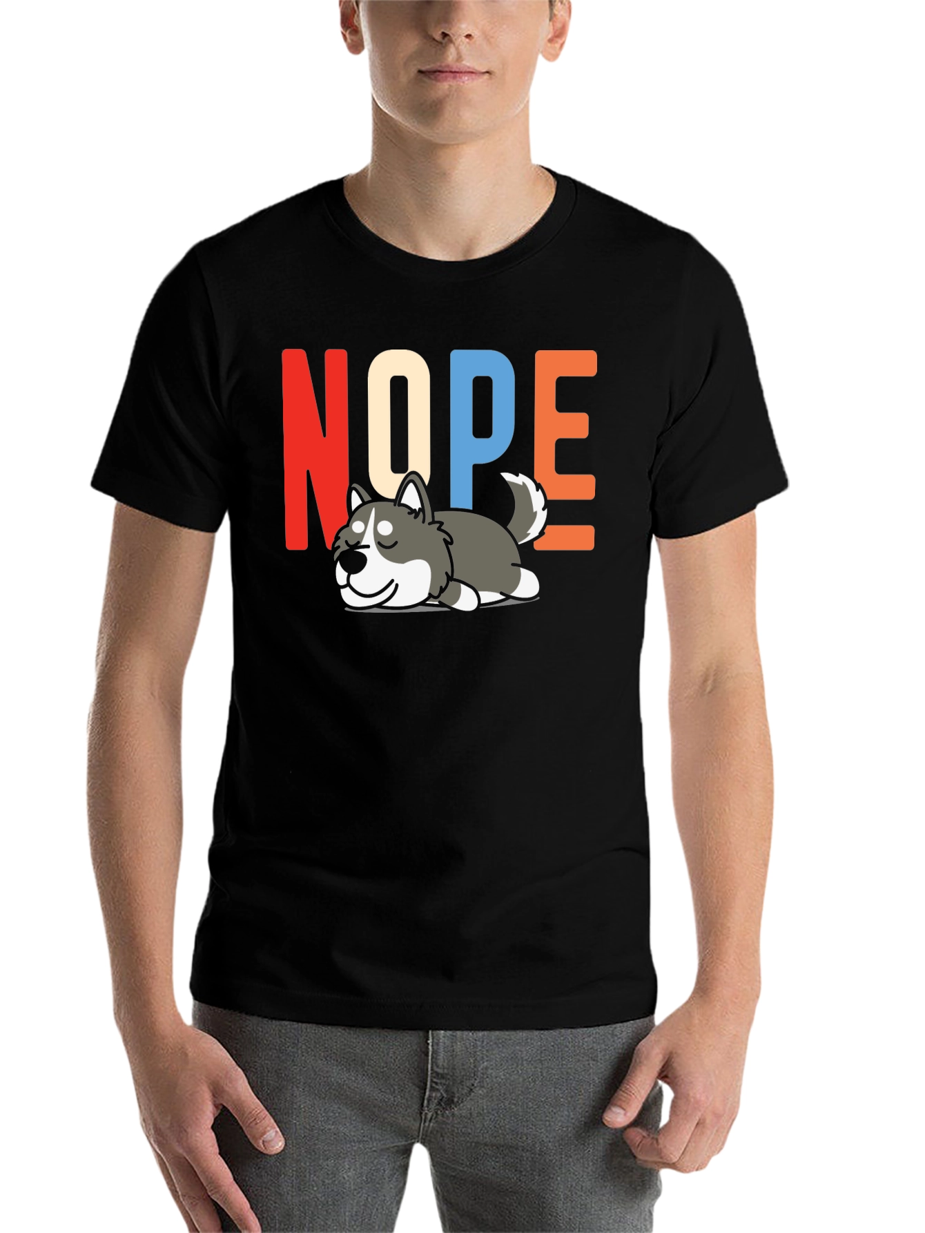 Black Nope Husky T-Shirt - Funny Lazy Dog Graphic Tee view 7