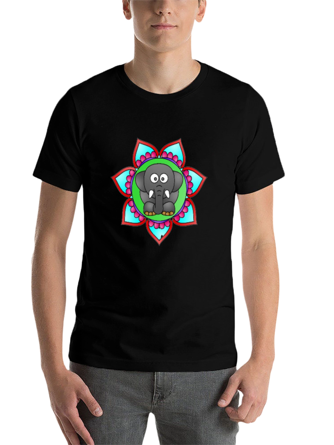 Black Cartoon Elephant Mandala Graphic Black T-Shirt view 7
