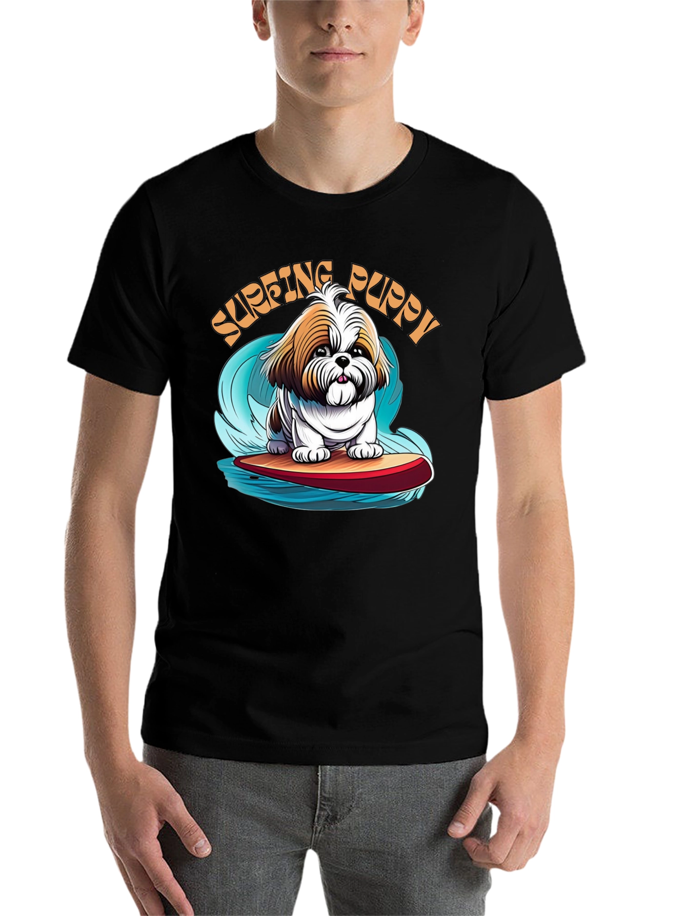 Black Surfing Puppy T-Shirt - Cute Dog Design view 7