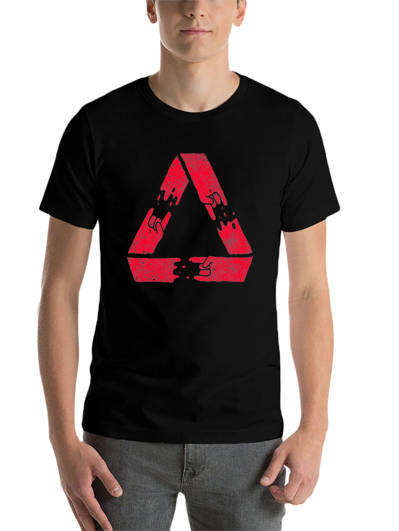 Black Red Triangle Hand Gesture Graphic Black T-Shirt view 7