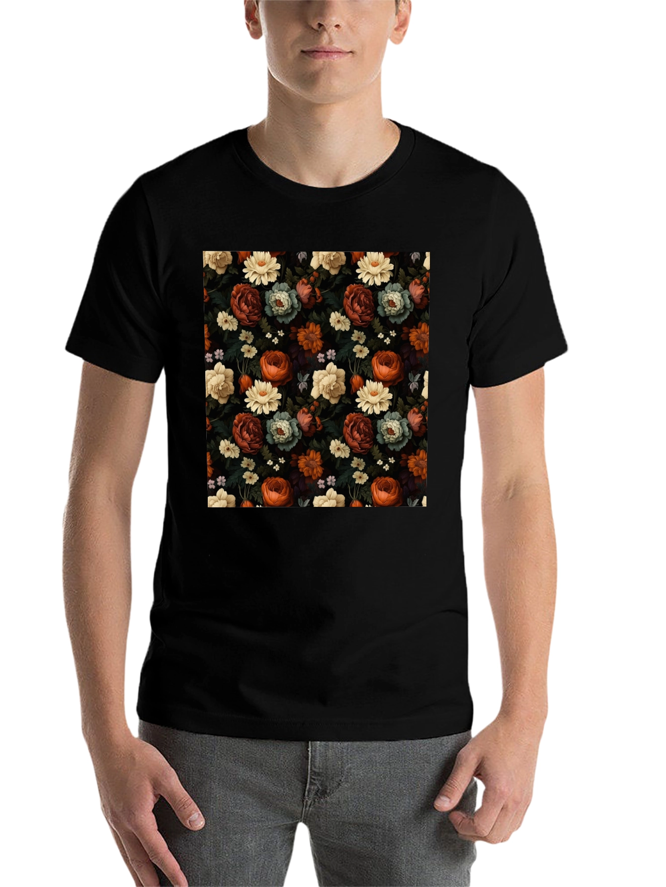 Black Floral Print Men's T-Shirt view 7