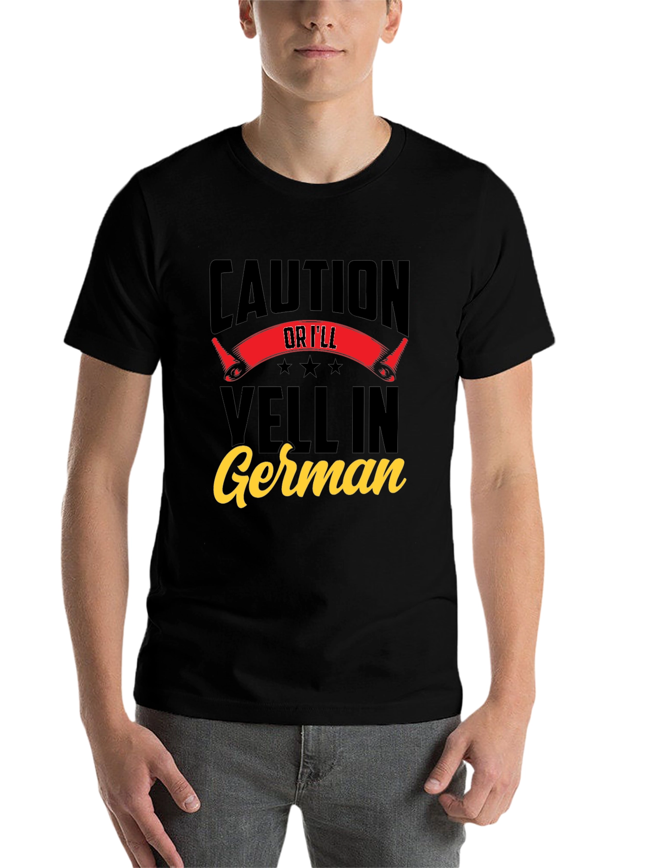 Black Caution Or I'll Yell In German T-Shirt view 7