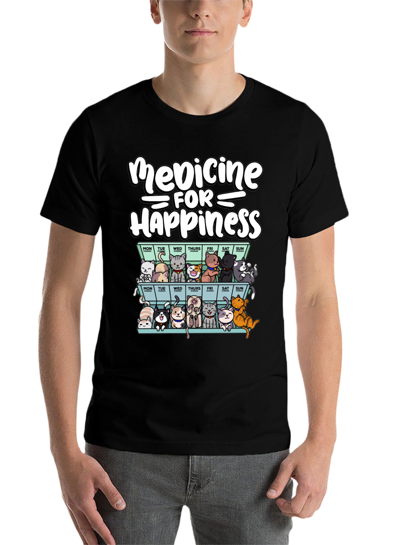 Black Medicine for Happiness Cat T-Shirt view 7