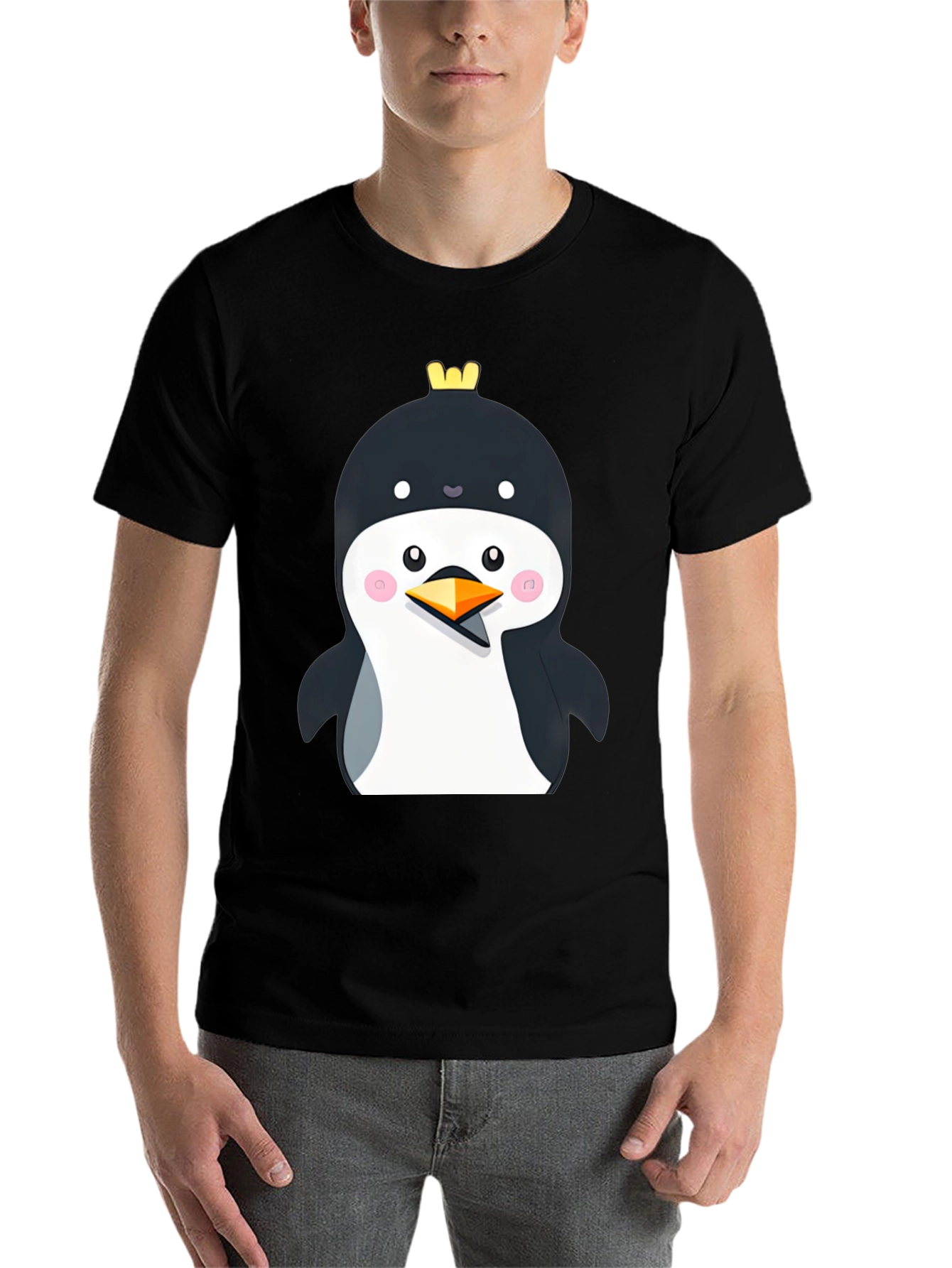 Black Penguin with Crown Black T-Shirt - Cute Cartoon Style view 7
