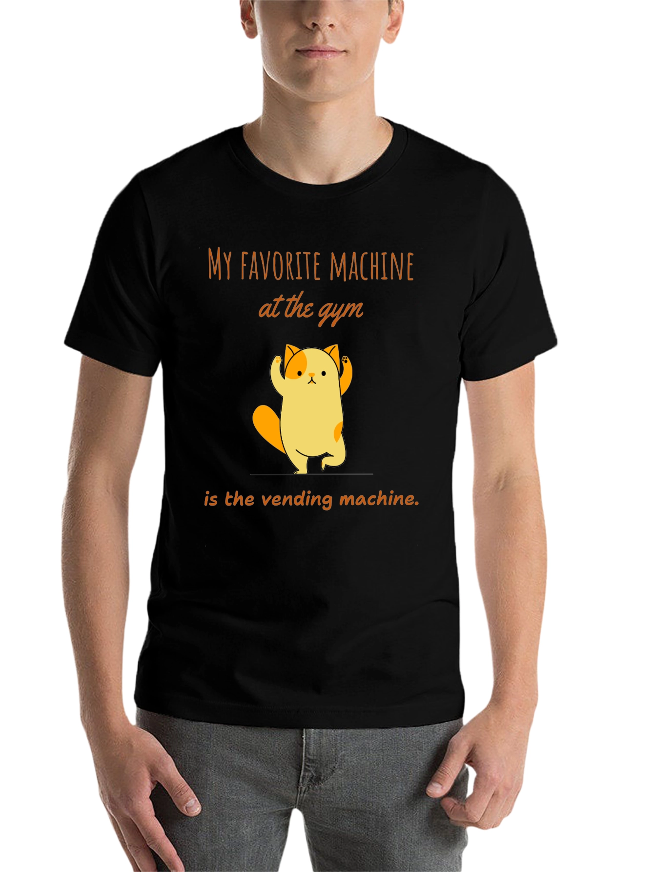 Black Gym Humor T-Shirt - Vending Machine Cat view 7