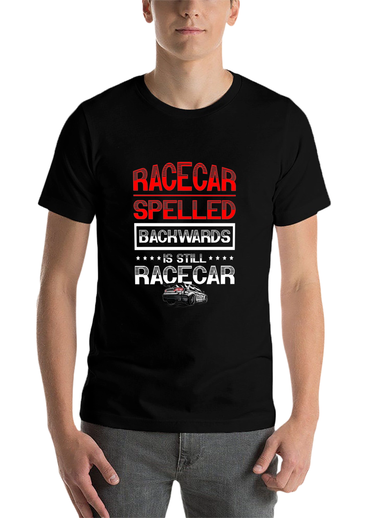 Black Racecar Spelled Backwards T-Shirt - Car Enthusiast Apparel view 7