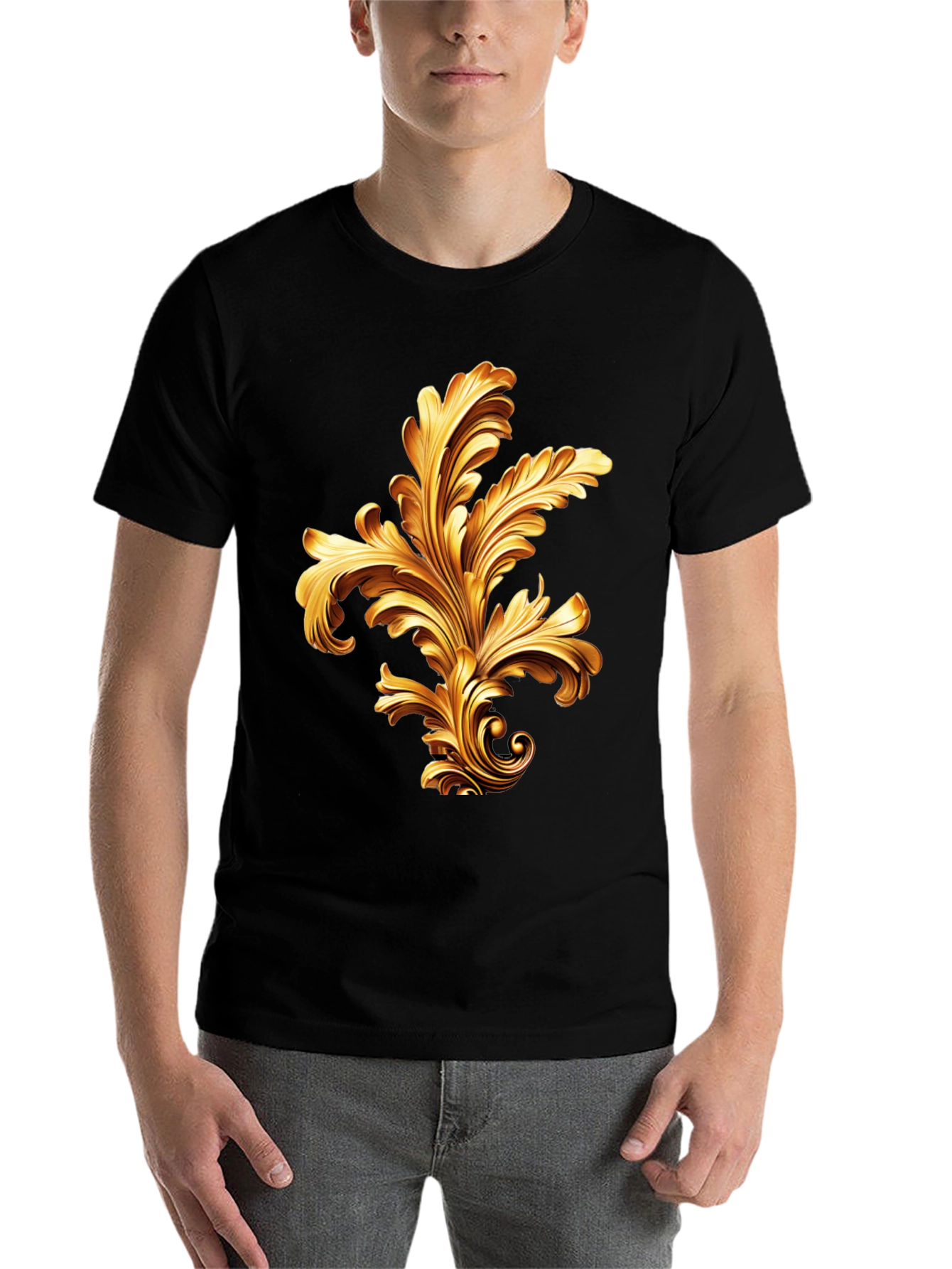 Black Elegant Black T-Shirt with Golden Baroque Design view 7