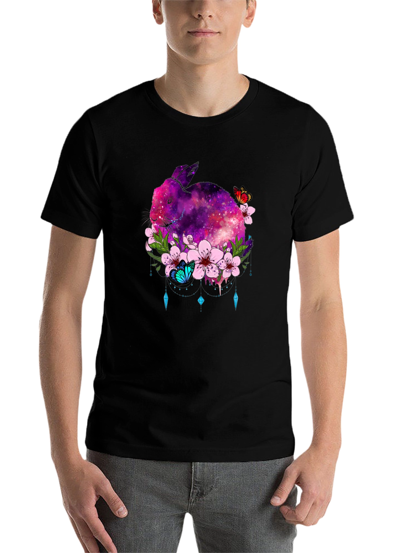 Black Galaxy Rabbit Floral Graphic Tee - Unisex view 7