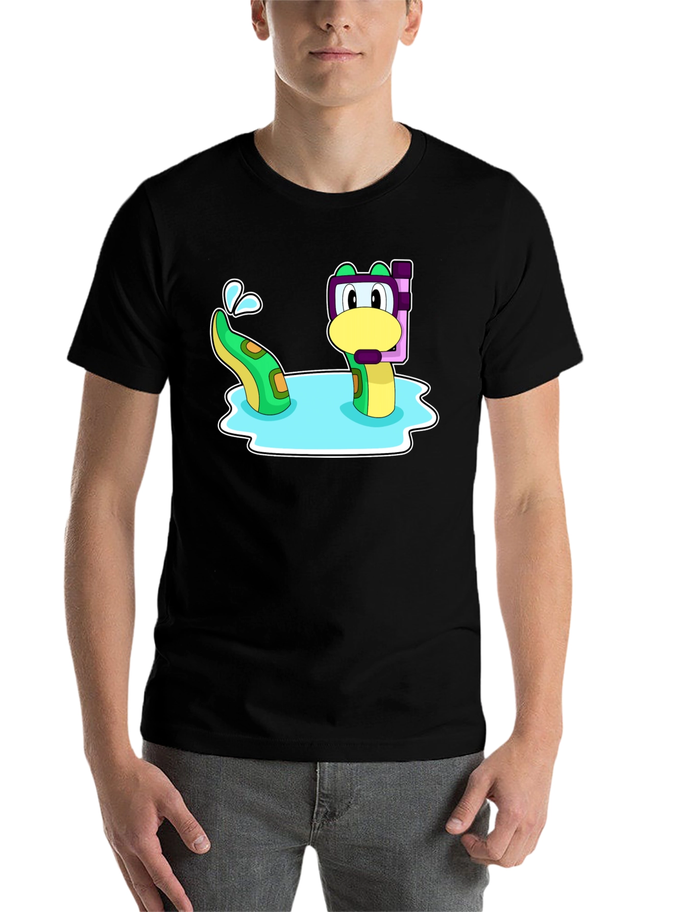 Black Cartoon Sea Serpent Snorkel T-Shirt view 7