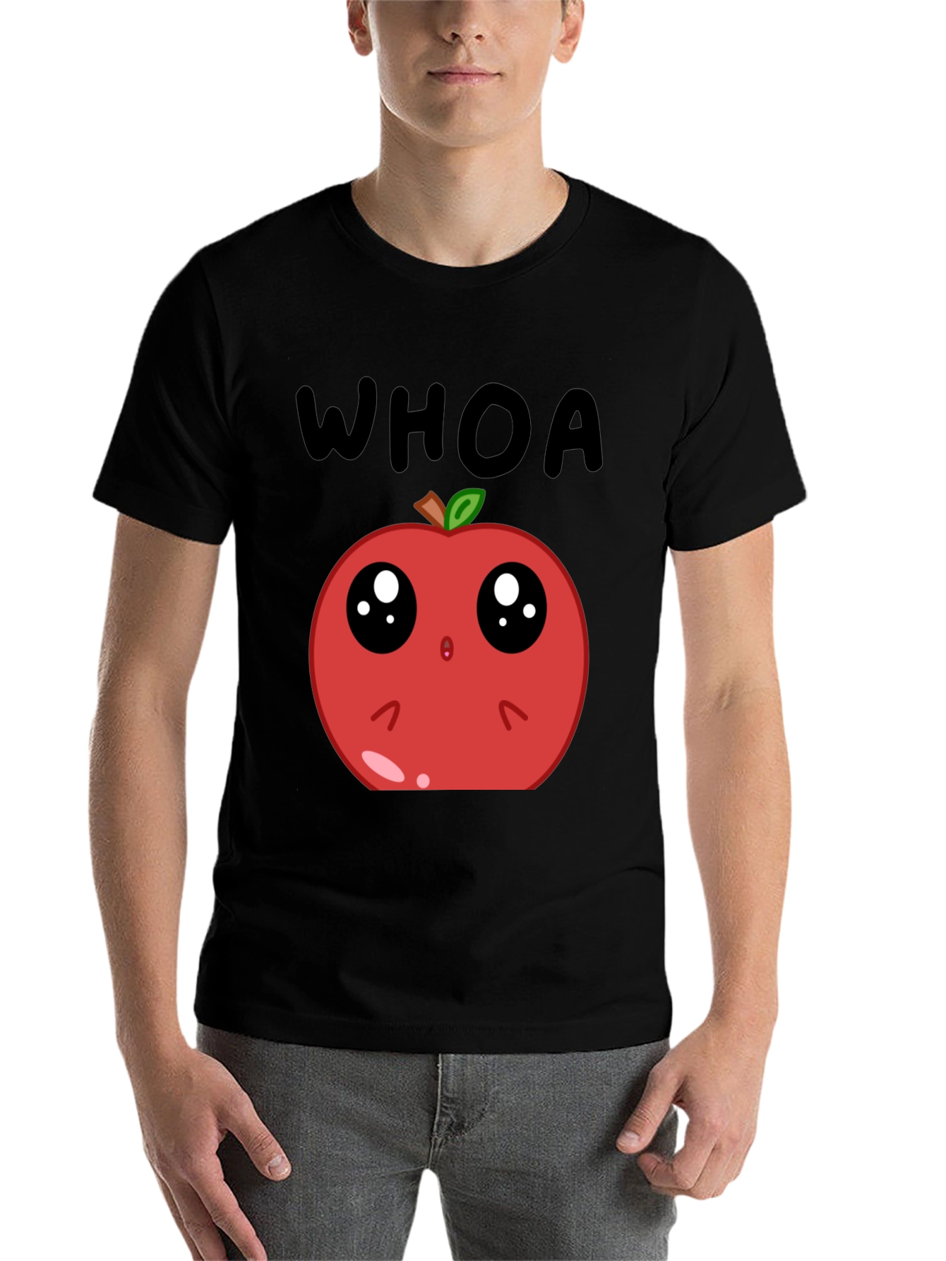 Black Funny Apple Cartoon T-Shirt - Whoa Cute Fruit Tee view 7
