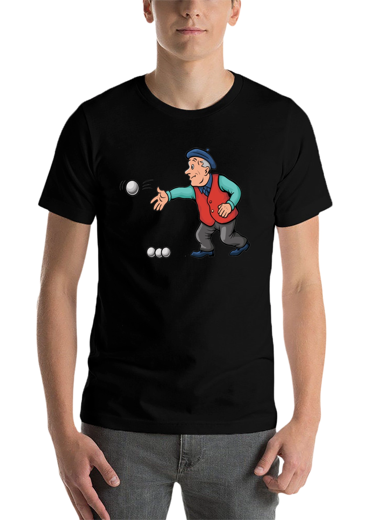 Black Cartoon Bocce Ball Player Black T-Shirt view 7