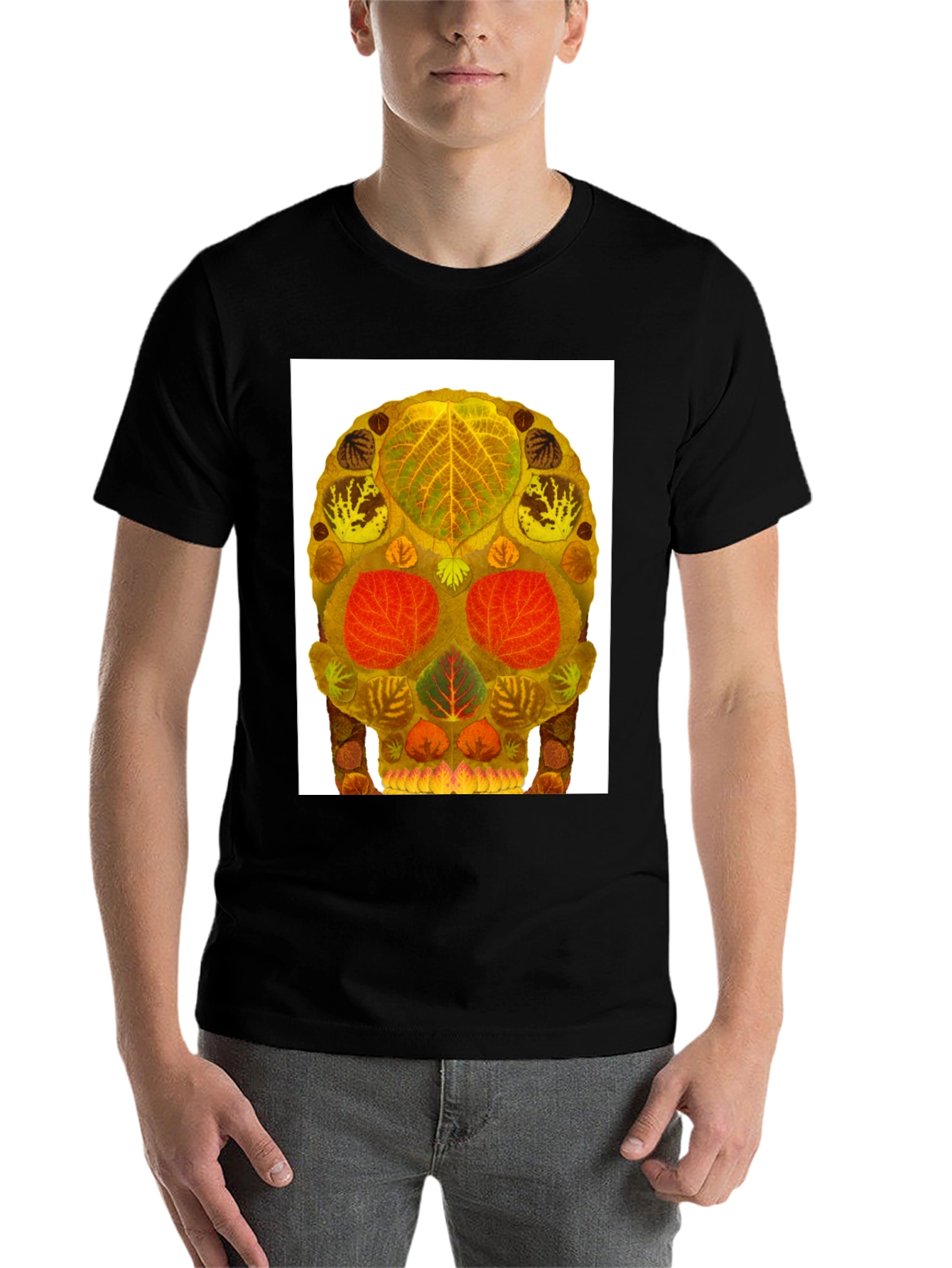 Black Leaf Skull Graphic Tee - Unique Nature Art T-Shirt view 7
