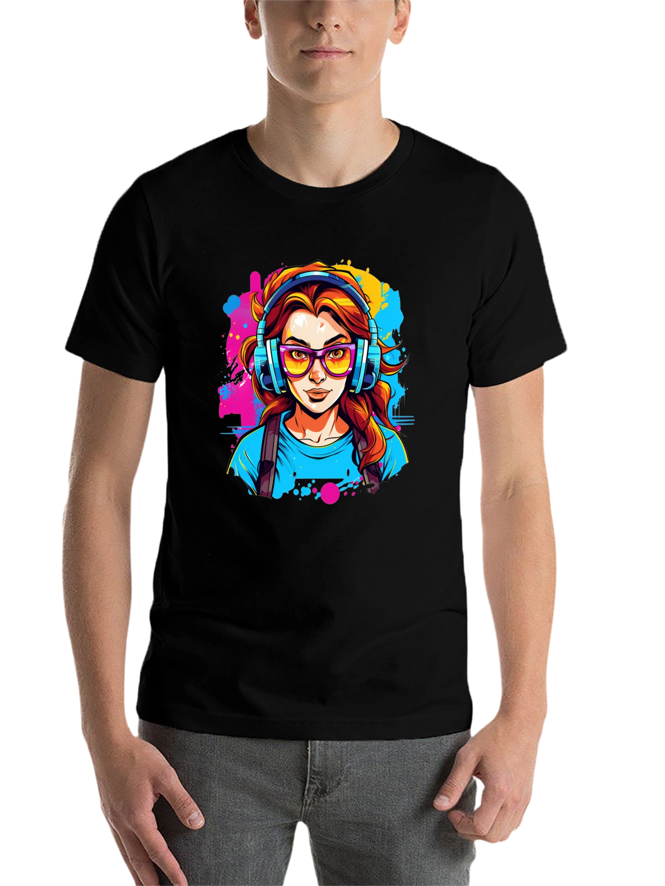 Black Graphic Print T-Shirt - Woman with Headphones view 7
