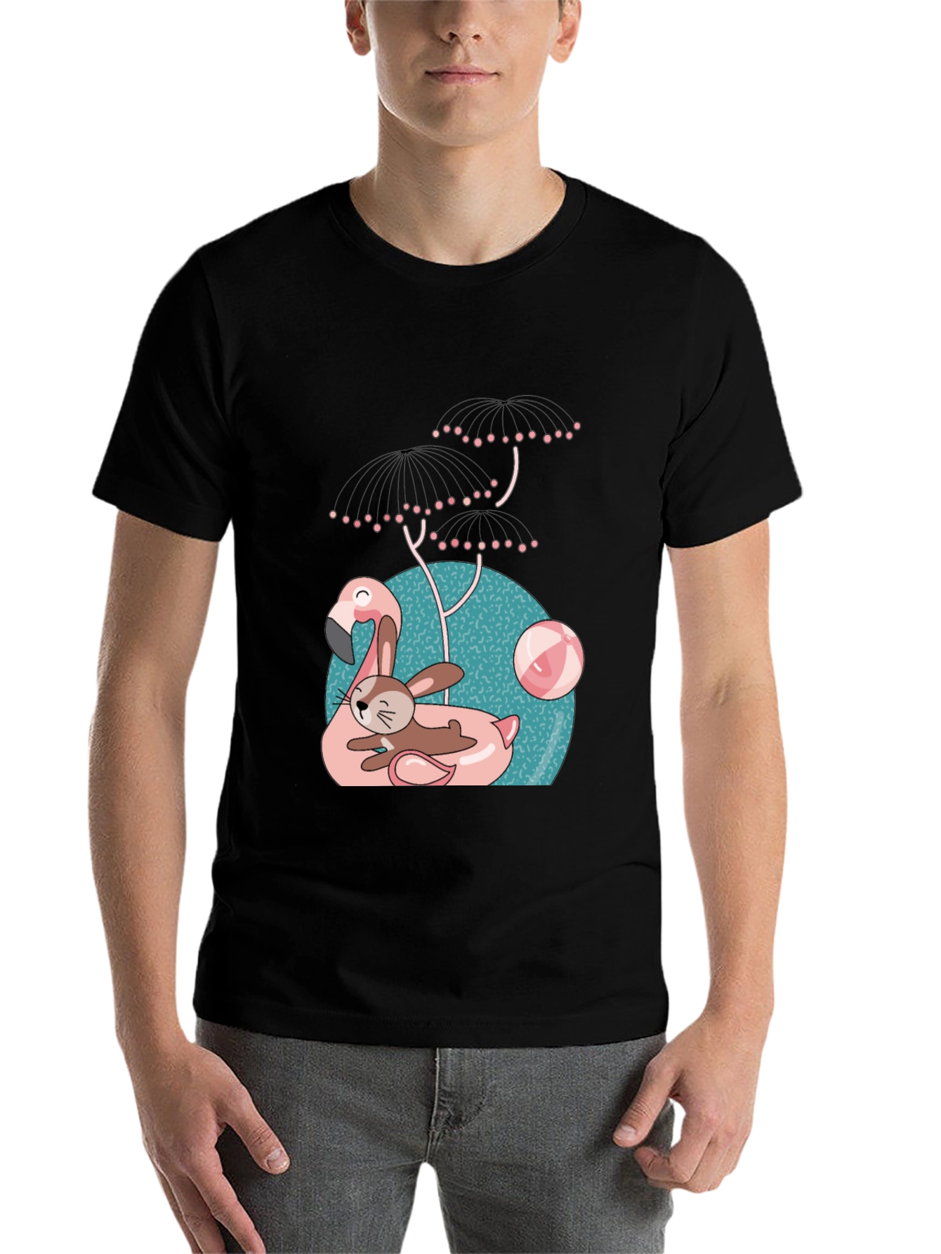 Black Fun Flamingo & Bunny Graphic T-Shirt view 7