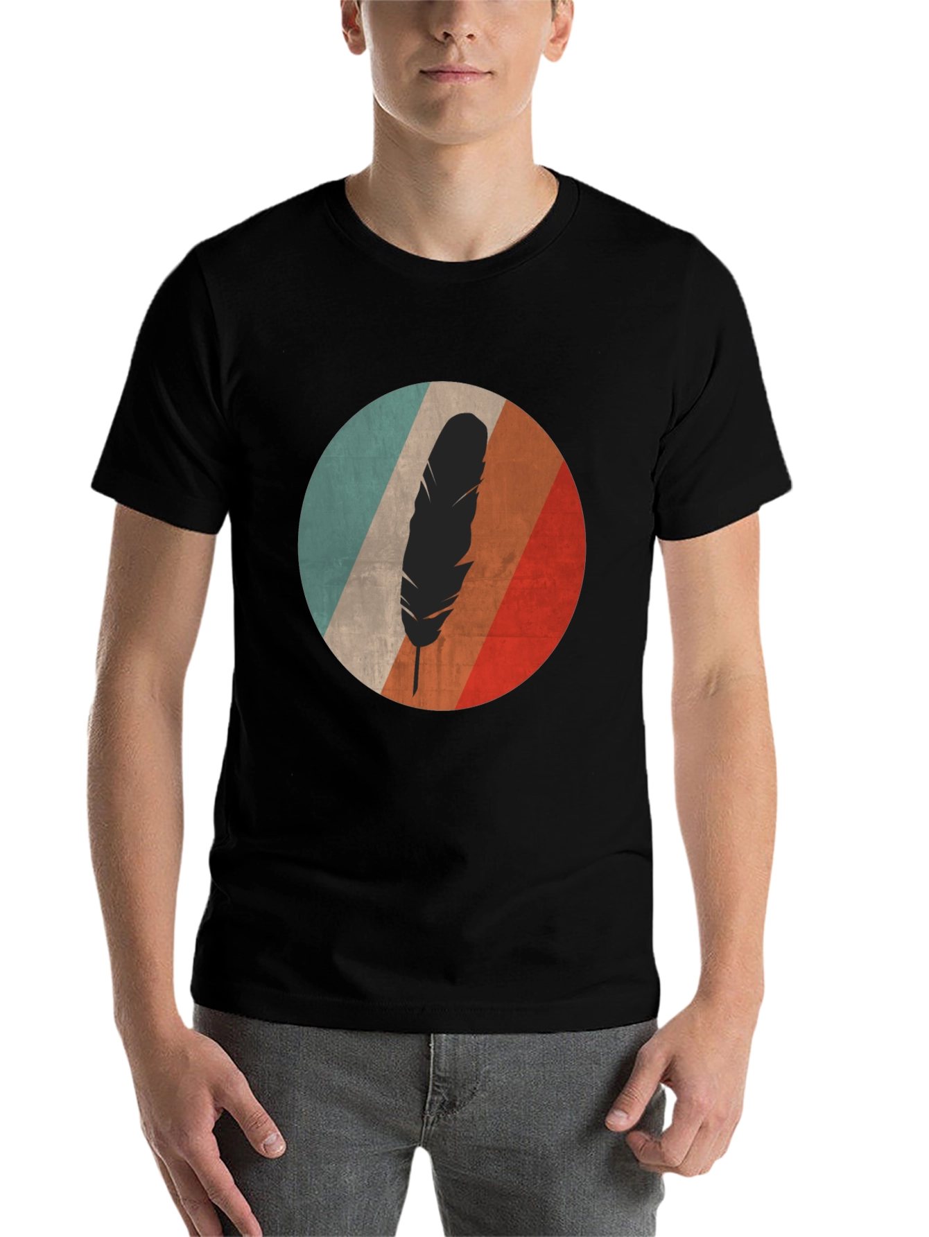 Black Retro Feather Graphic Tee - Black Cotton Blend view 7