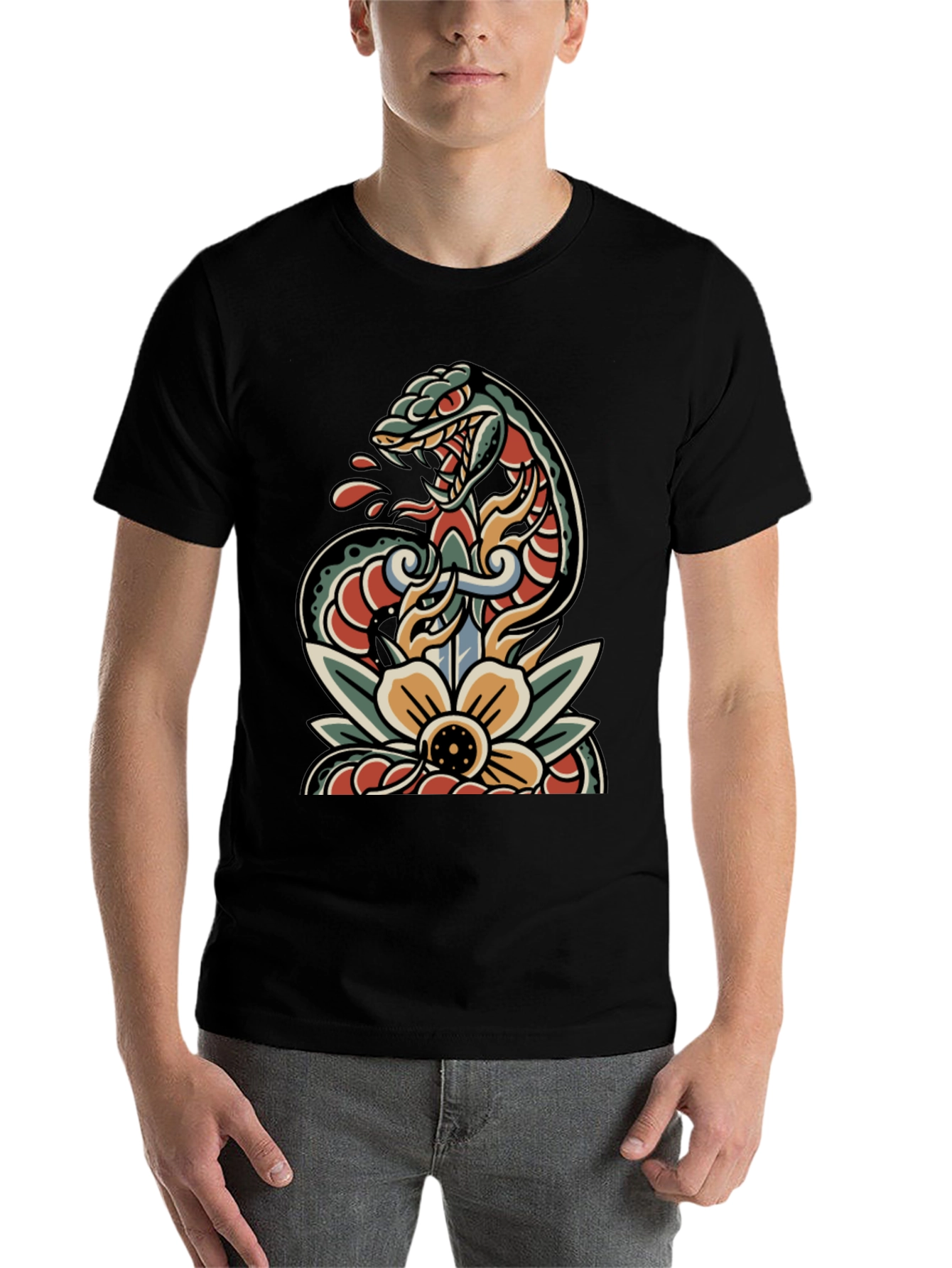 Black Snake & Dagger Tattoo Style T-Shirt view 7