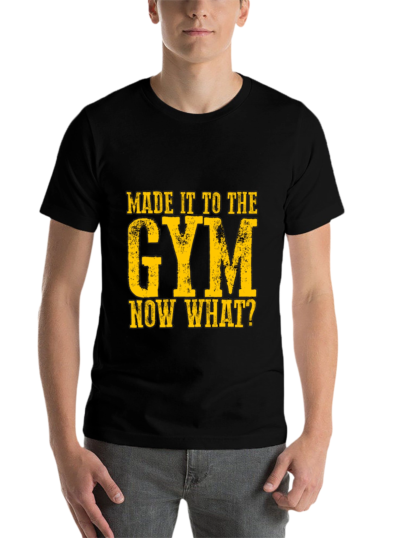 Black Gym Humor Graphic T-Shirt - "Made It To The Gym, Now What?" view 7
