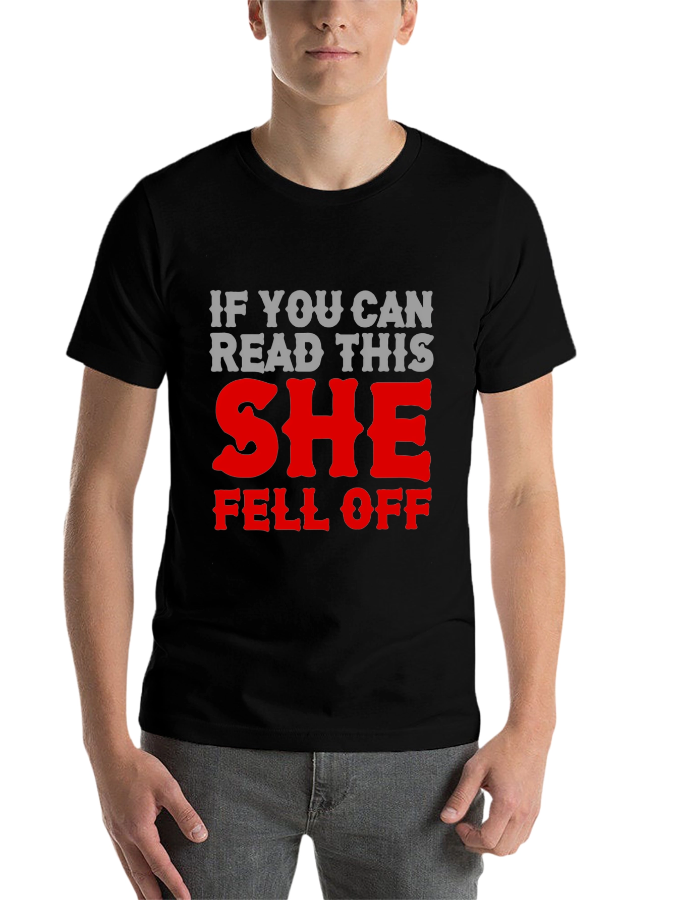 Black Humorous 'She Fell Off' Graphic T-Shirt view 7