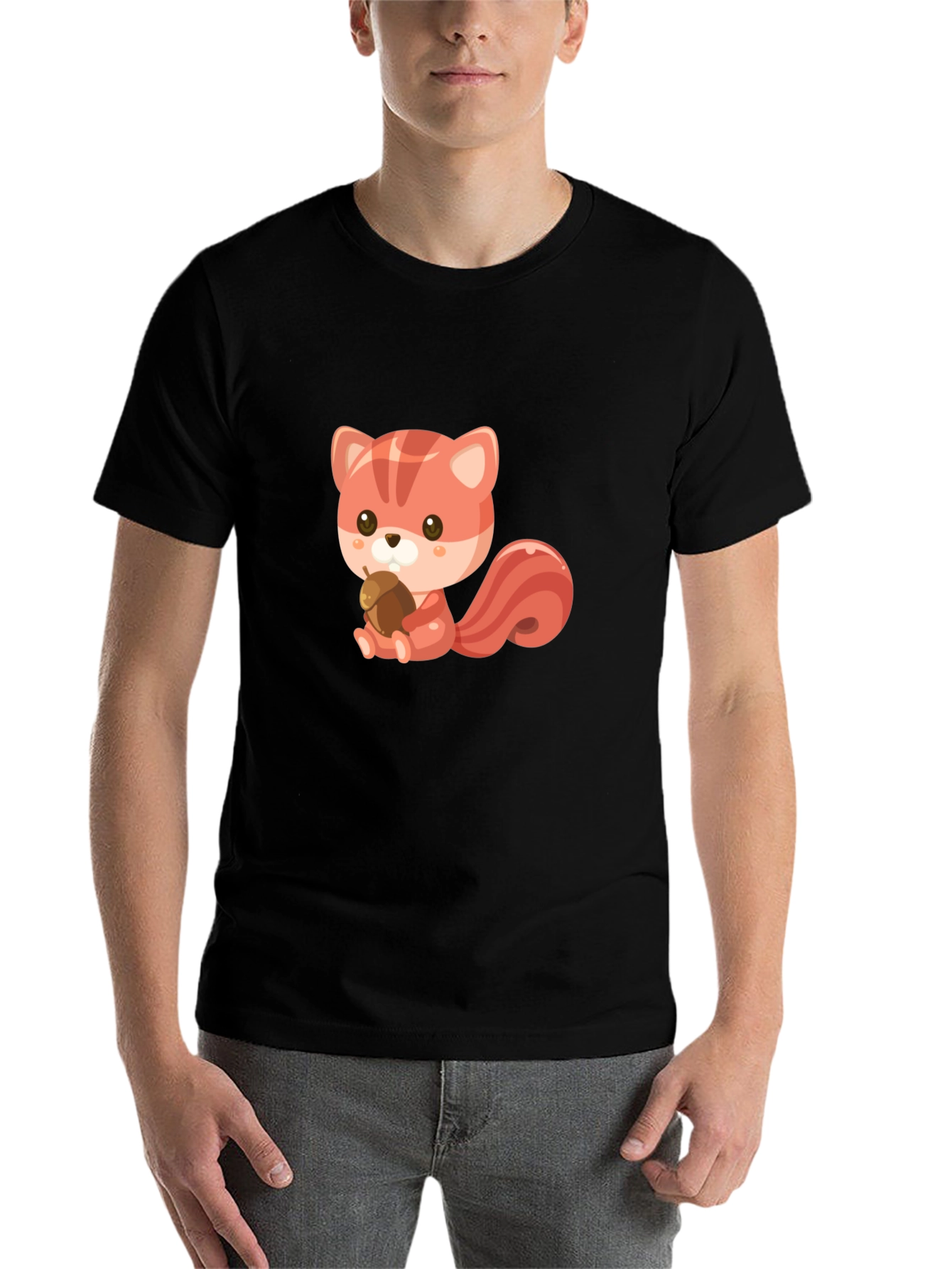 Black Cute Squirrel Holding Acorn Graphic Tee - Black view 7