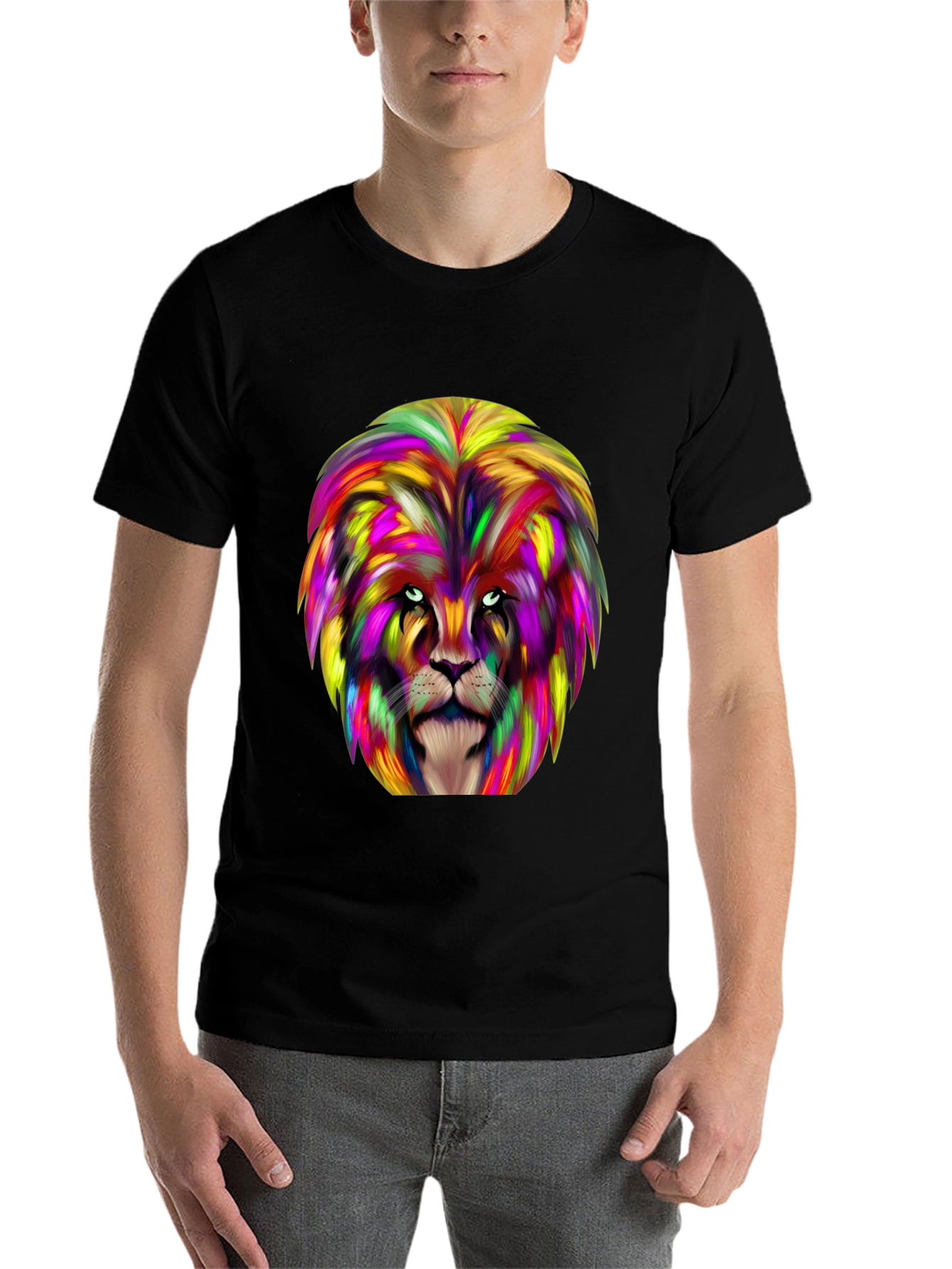 Black Colorful Lion Graphic Black T-Shirt view 7