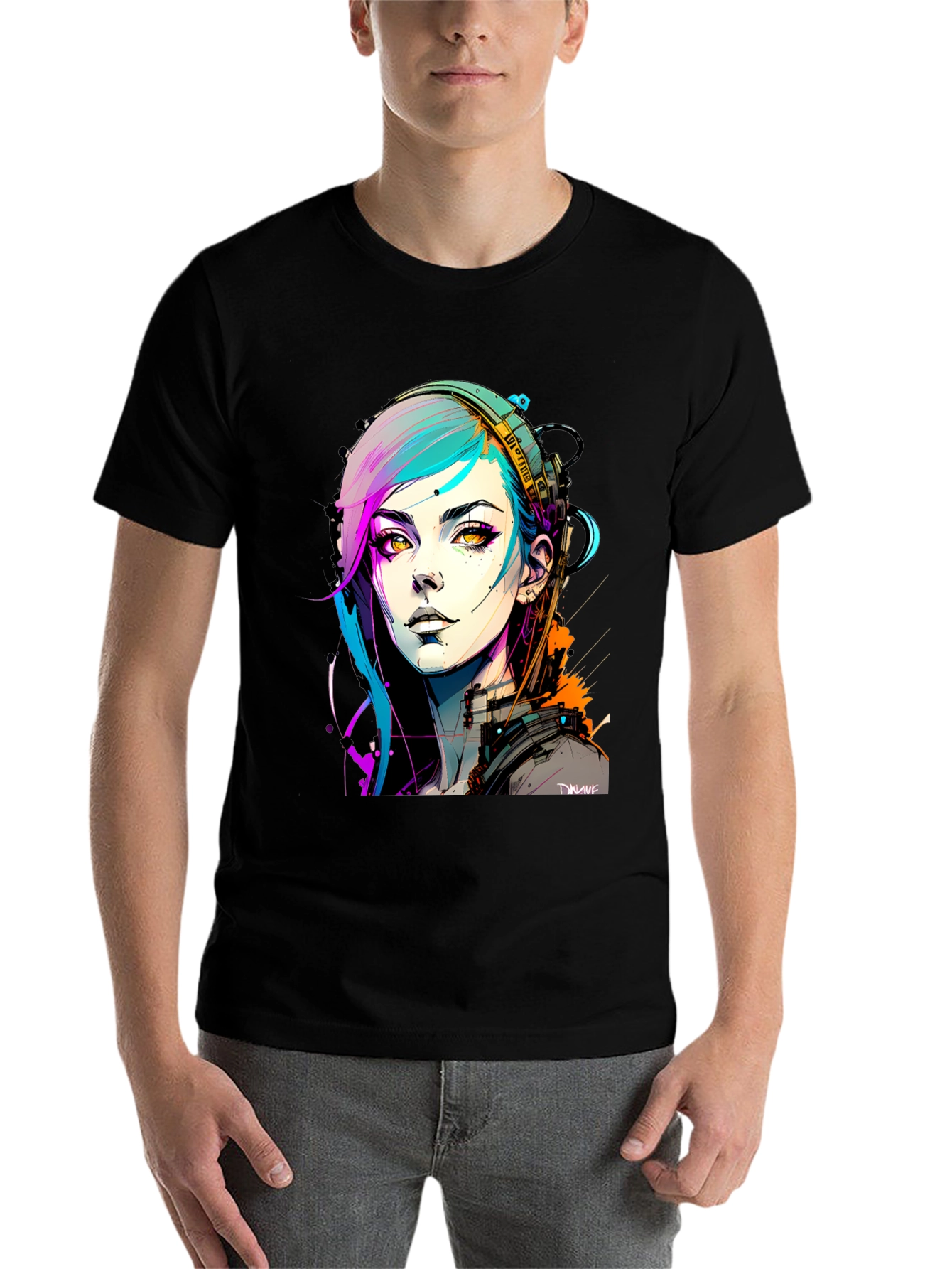 Black Cyberpunk Girl Graphic Tee - Black Cotton T-Shirt view 7