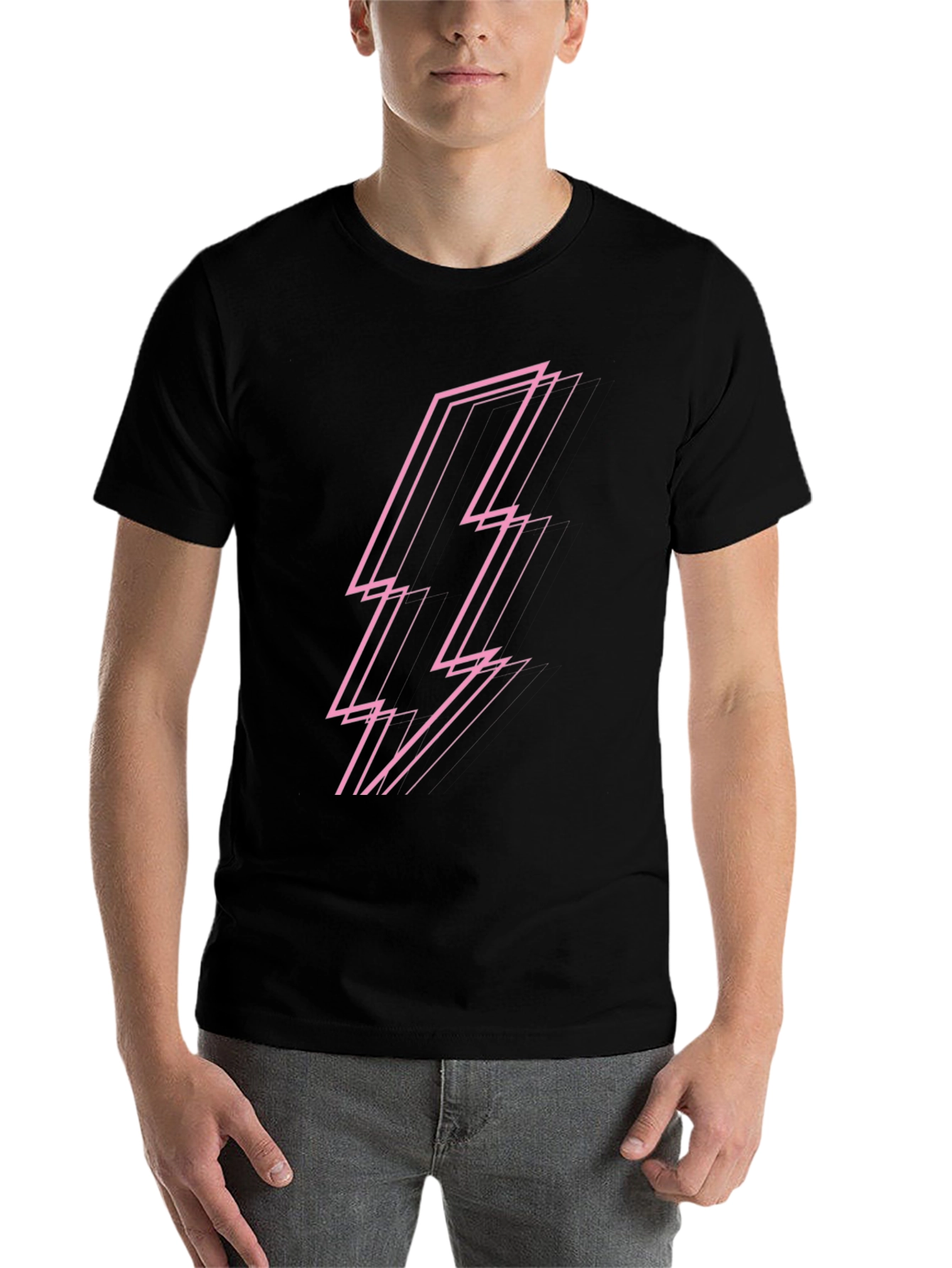 Black Modern Pink Lightning Bolt Graphic Black T-Shirt view 7