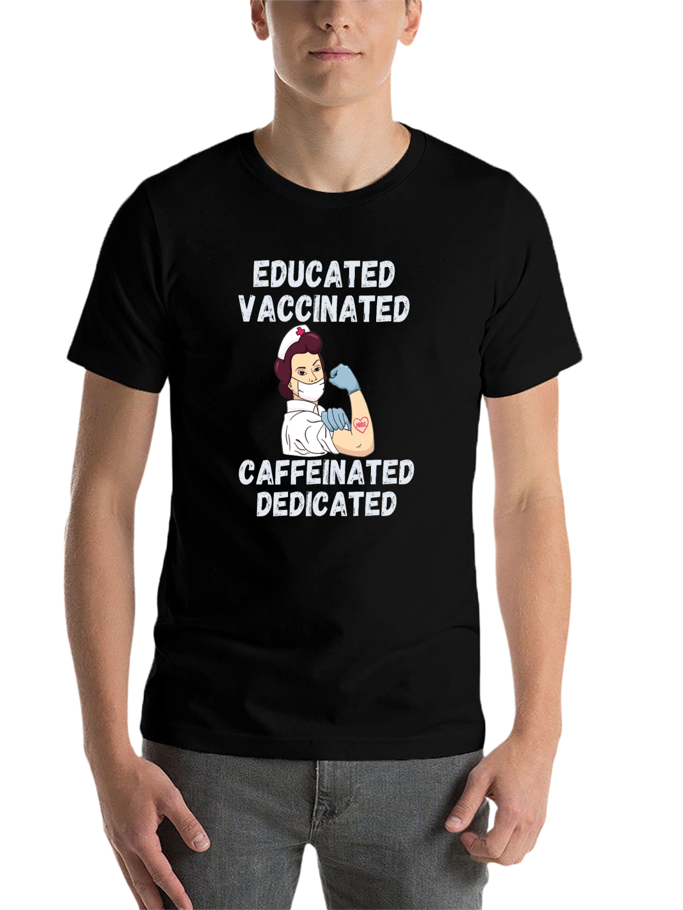 Black Educated Vaccinated Caffeinated Dedicated Nurse T-Shirt view 7