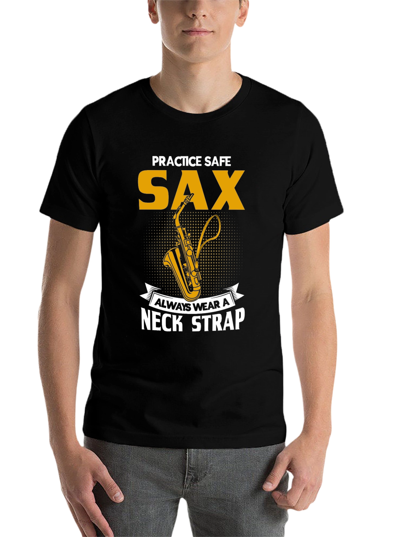 Black Practice Safe Sax T-Shirt - Always Wear a Neck Strap view 7