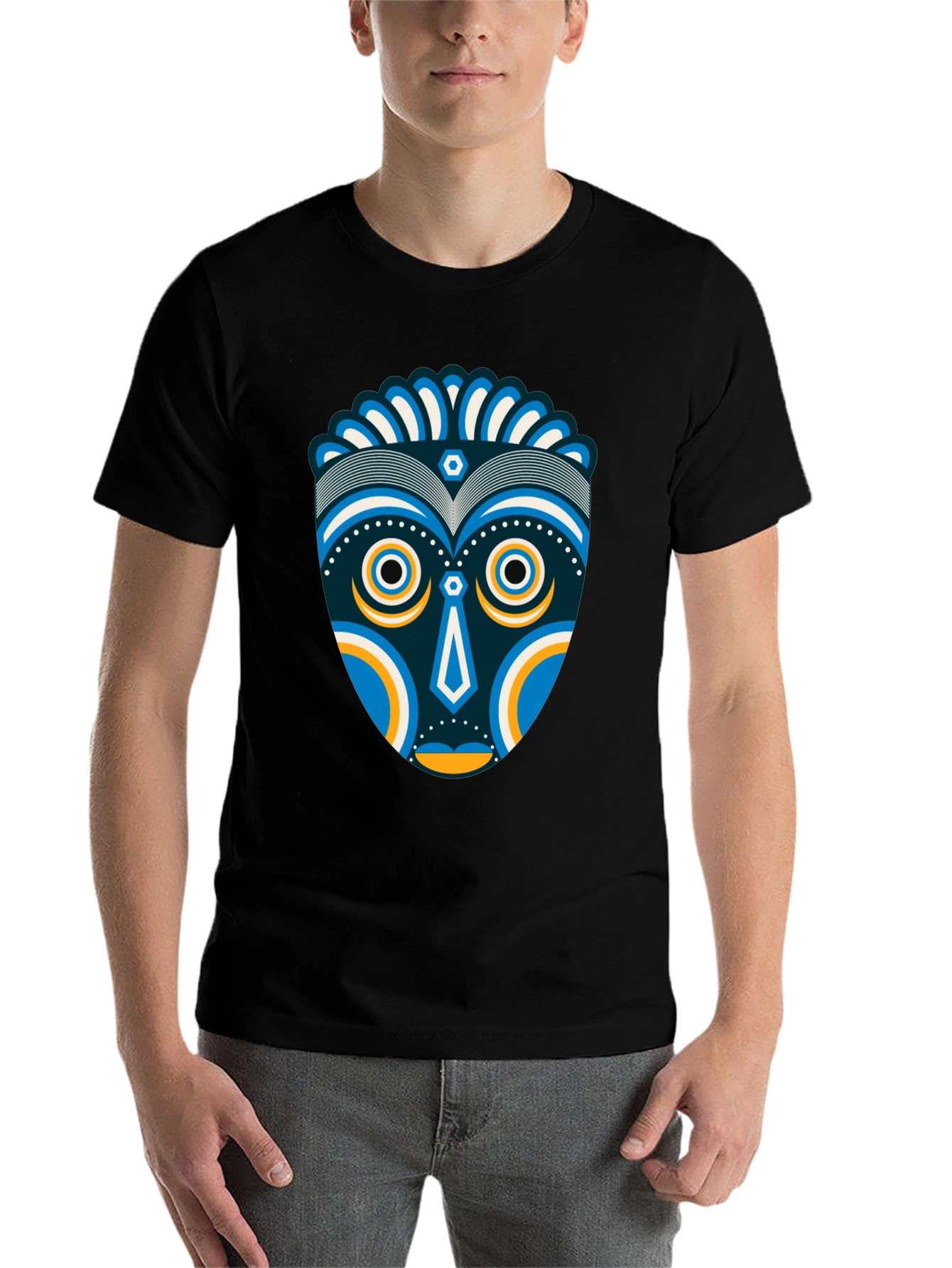 Black Tribal Mask Graphic Tee - Unique Design, Black Cotton Shirt view 7