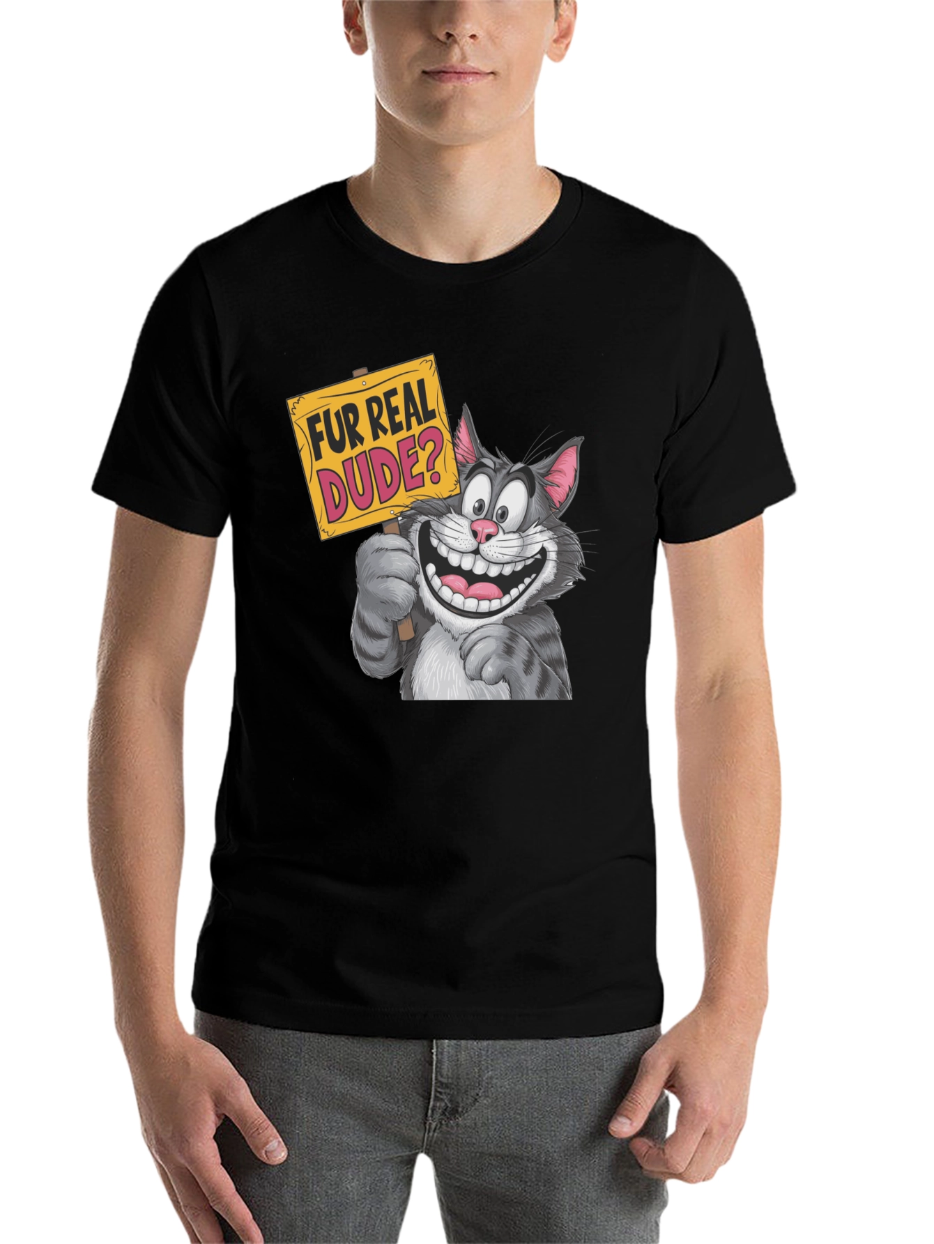 Black Fur Real Dude? Graphic Print Black T-Shirt view 7