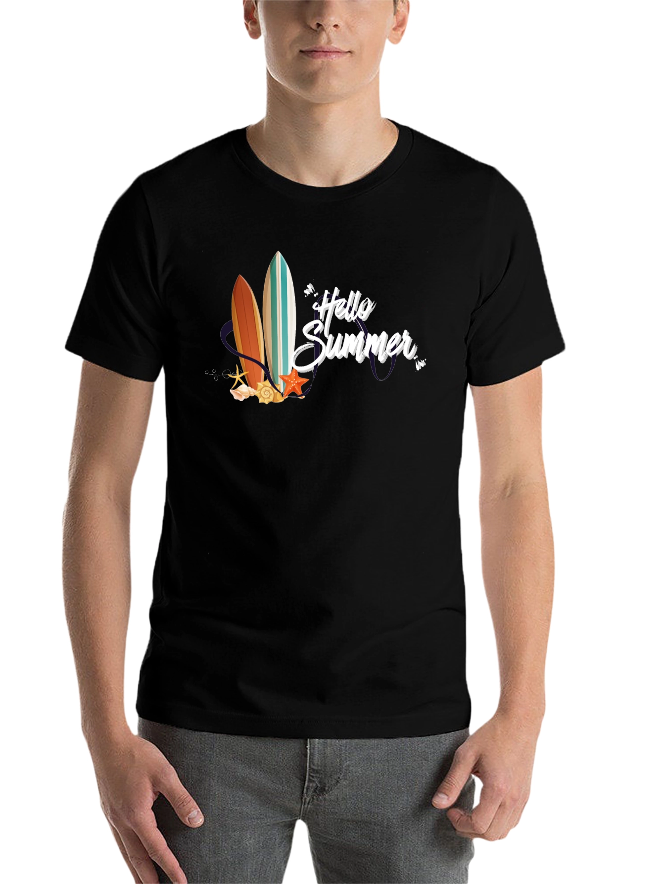 Black Hello Summer Surfboard Graphic T-Shirt view 7