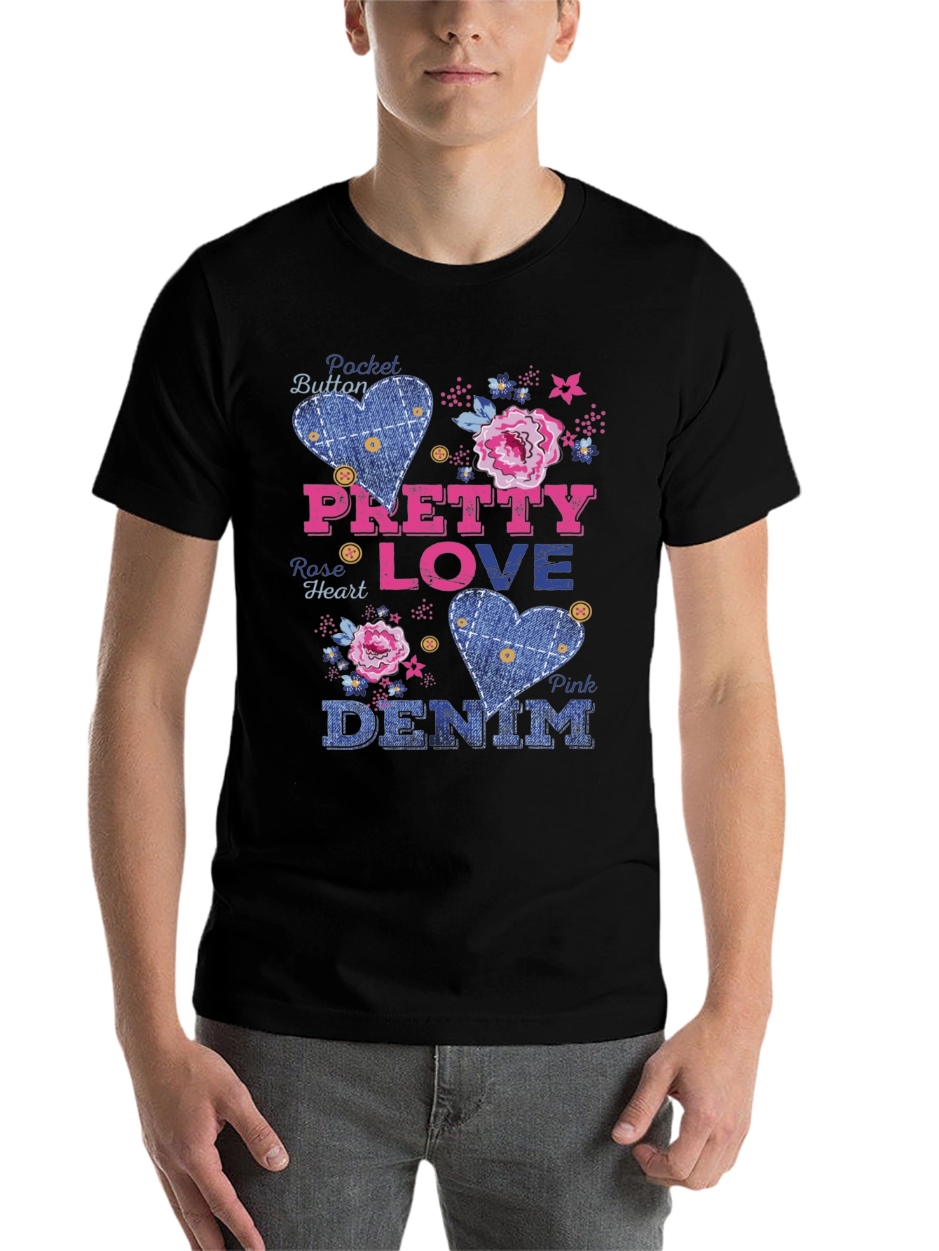 Black Pretty Love Denim Graphic Tee - Pocket Button Design view 7