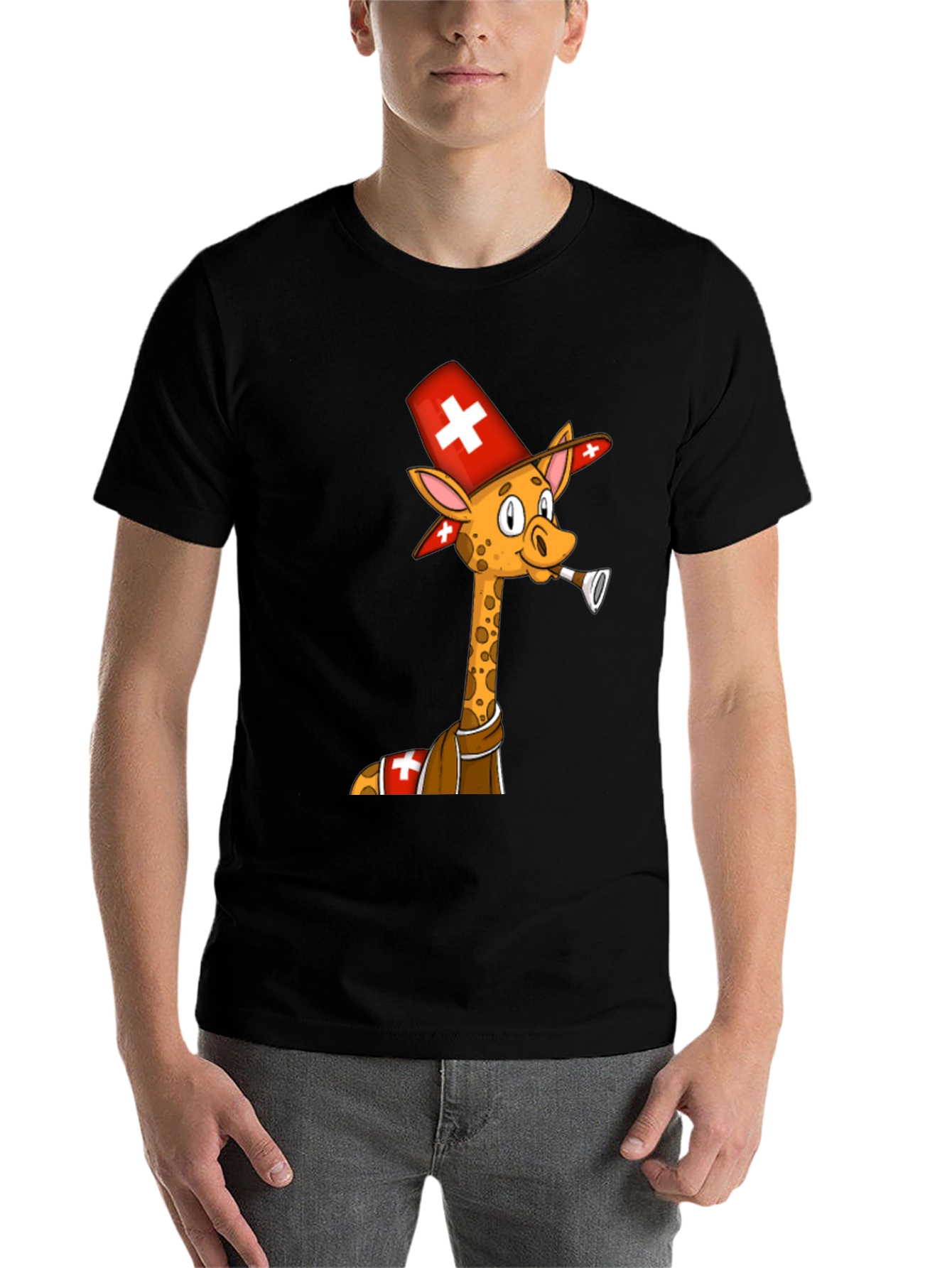 Black Swiss Giraffe T-Shirt - Unique Cartoon Design view 7