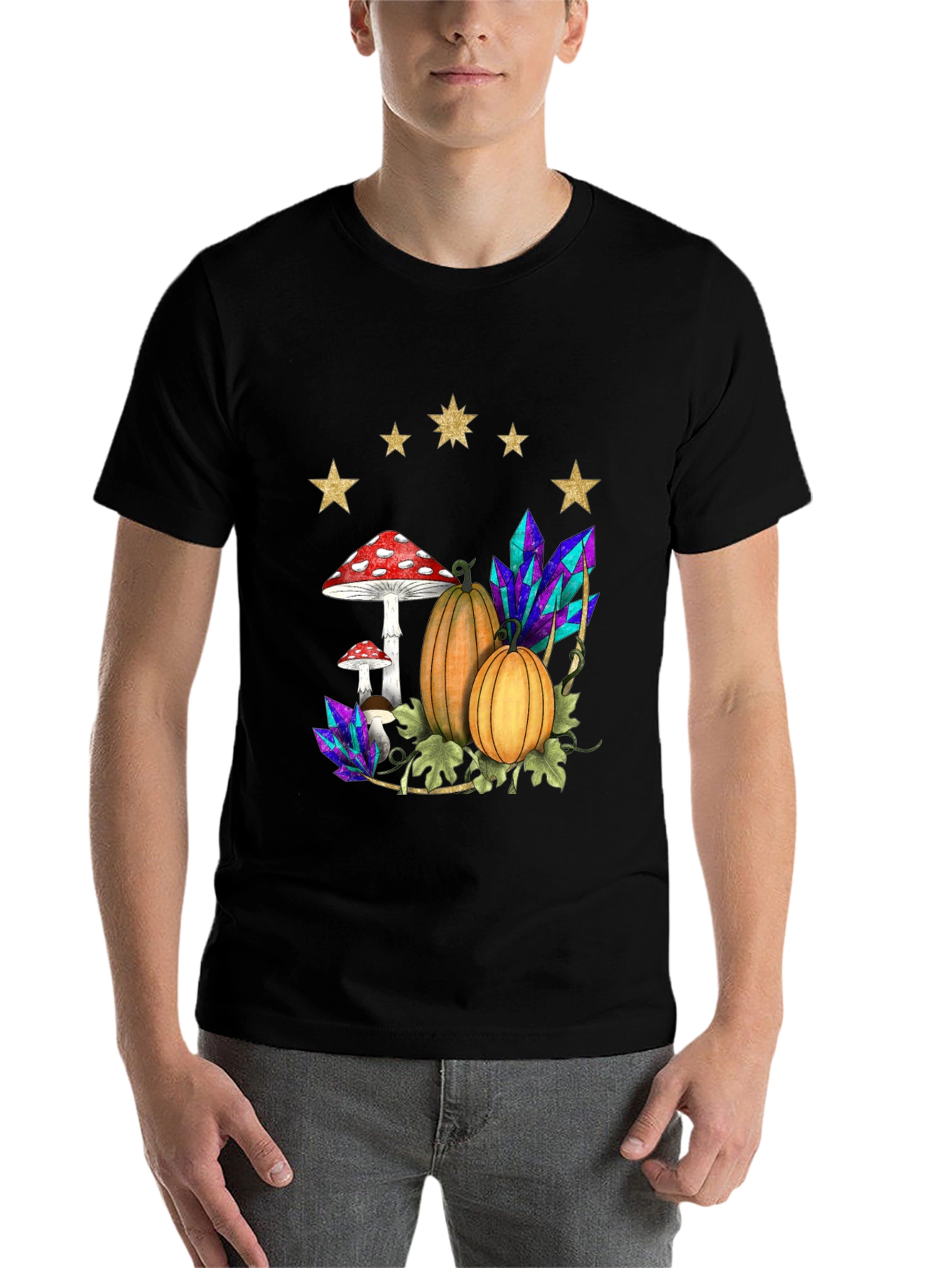 Black Whimsical Harvest T-Shirt: Pumpkins, Mushrooms & Crystals view 7