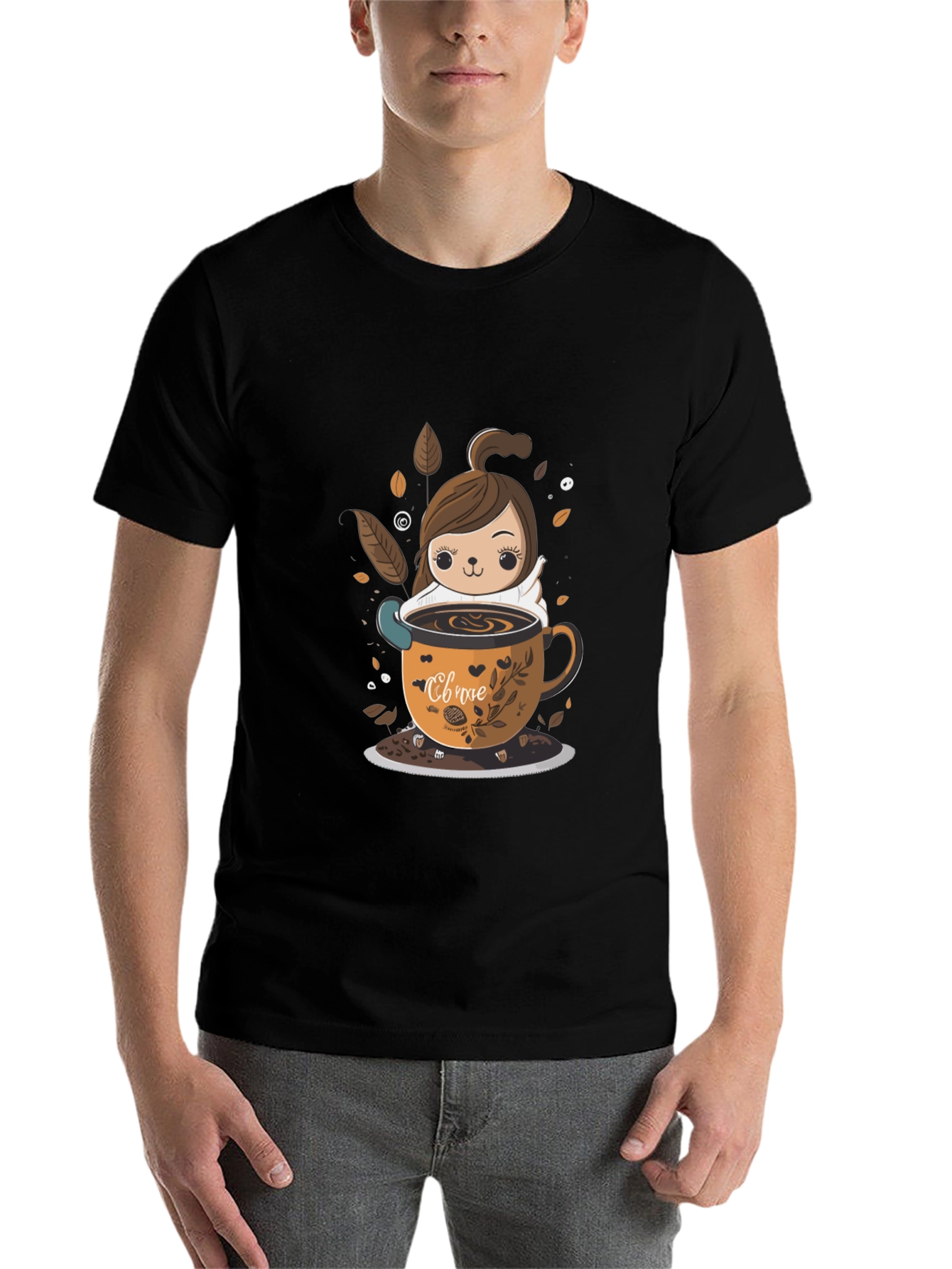 Black Cute Cartoon Coffee Lover T-Shirt view 7