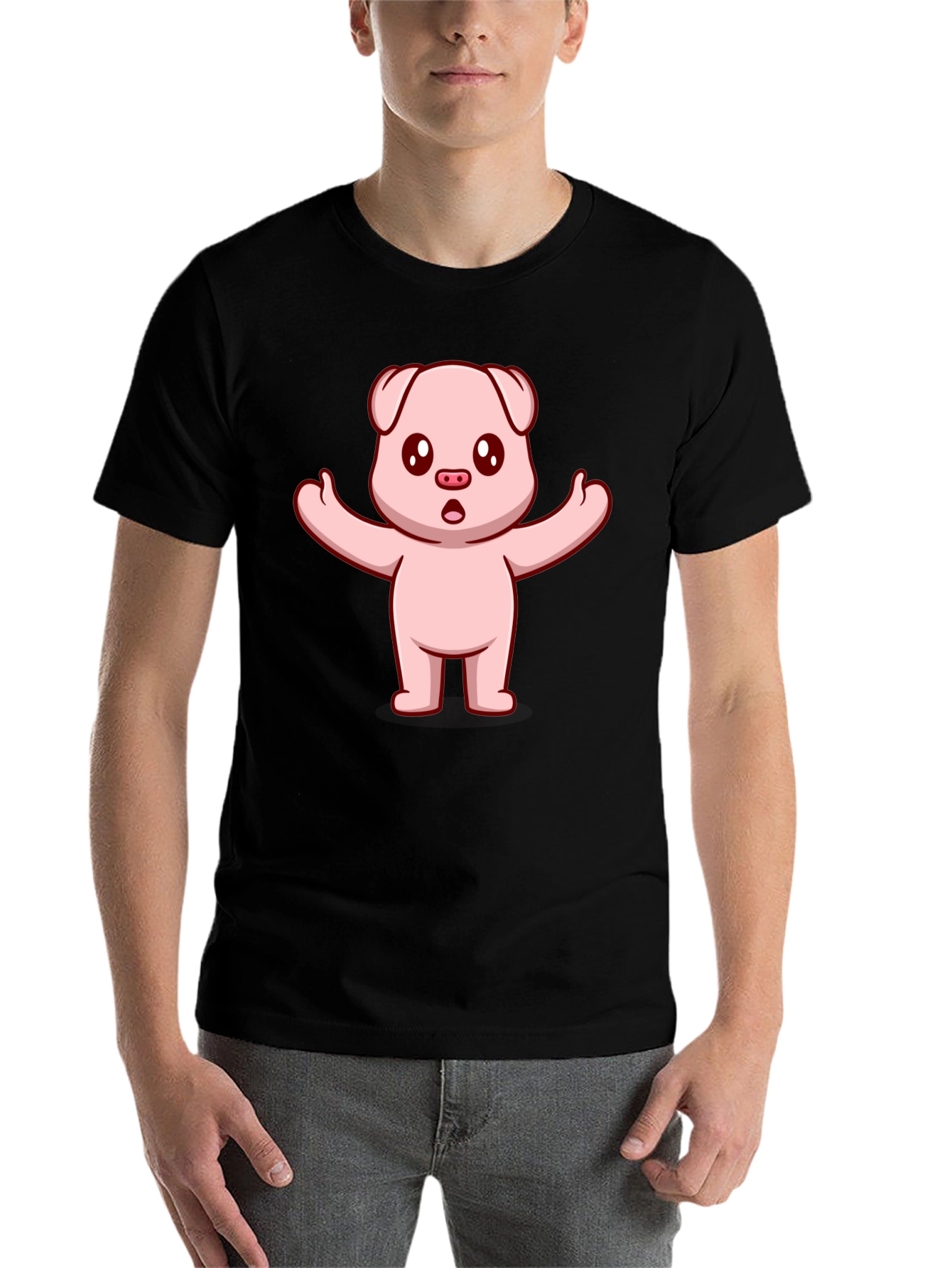 Black Cute Pig Cartoon Black T-Shirt view 7