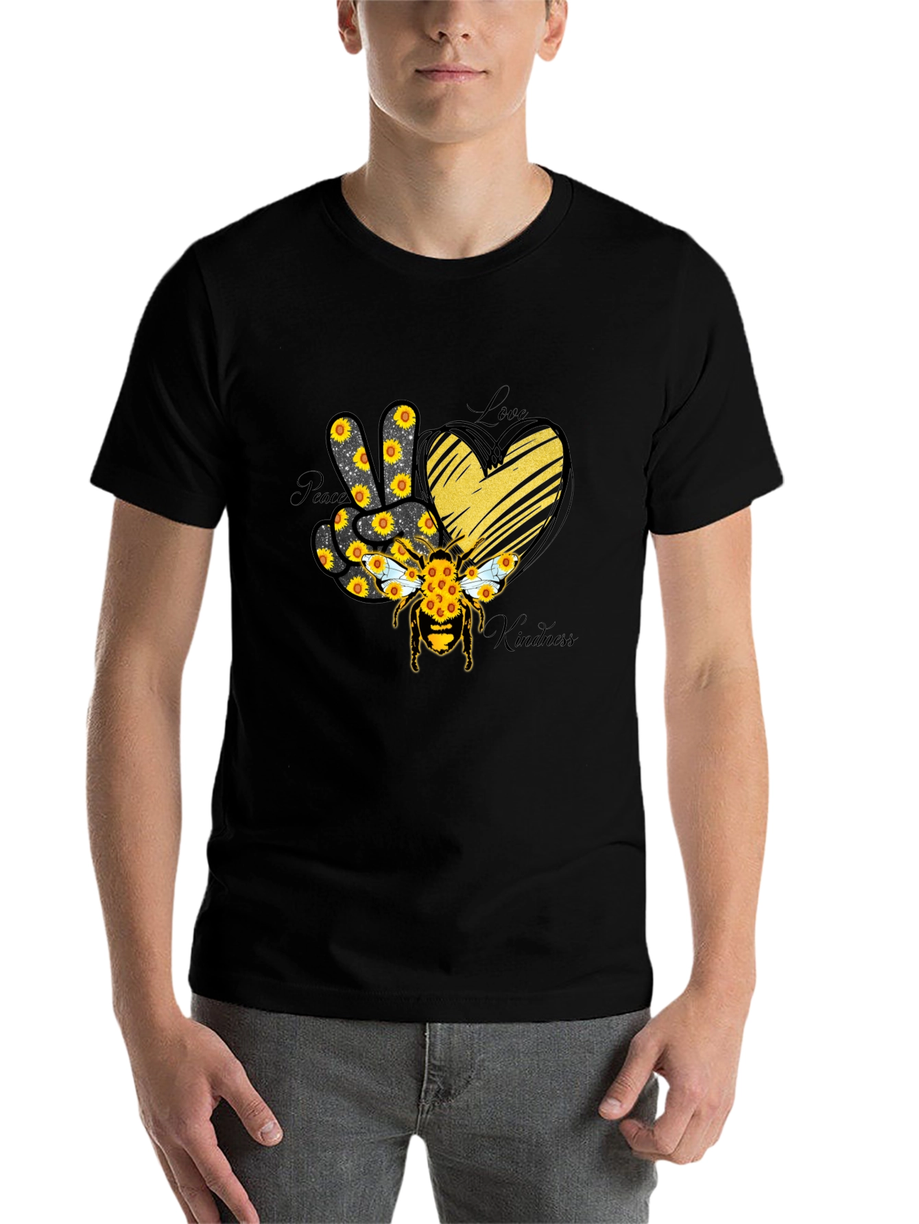 Black Peace Love Kindness Sunflower Bee T-Shirt view 7