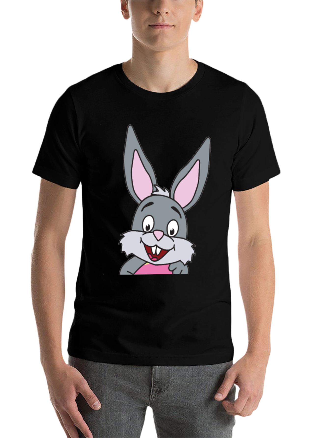 Black Cartoon Rabbit Graphic Print Black T-Shirt view 7