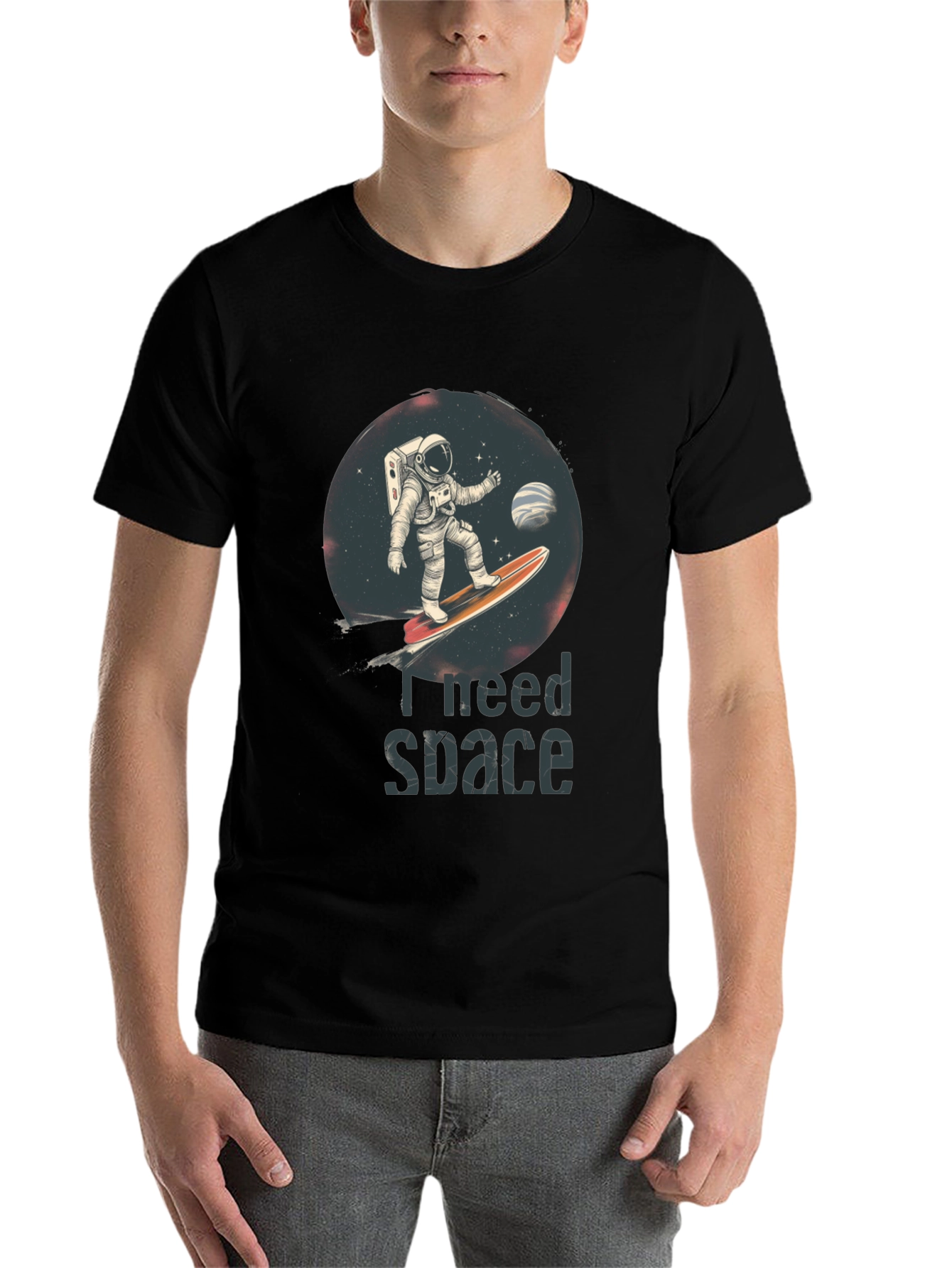 Black I Need Space T-Shirt - Astronaut Surfing Design view 7
