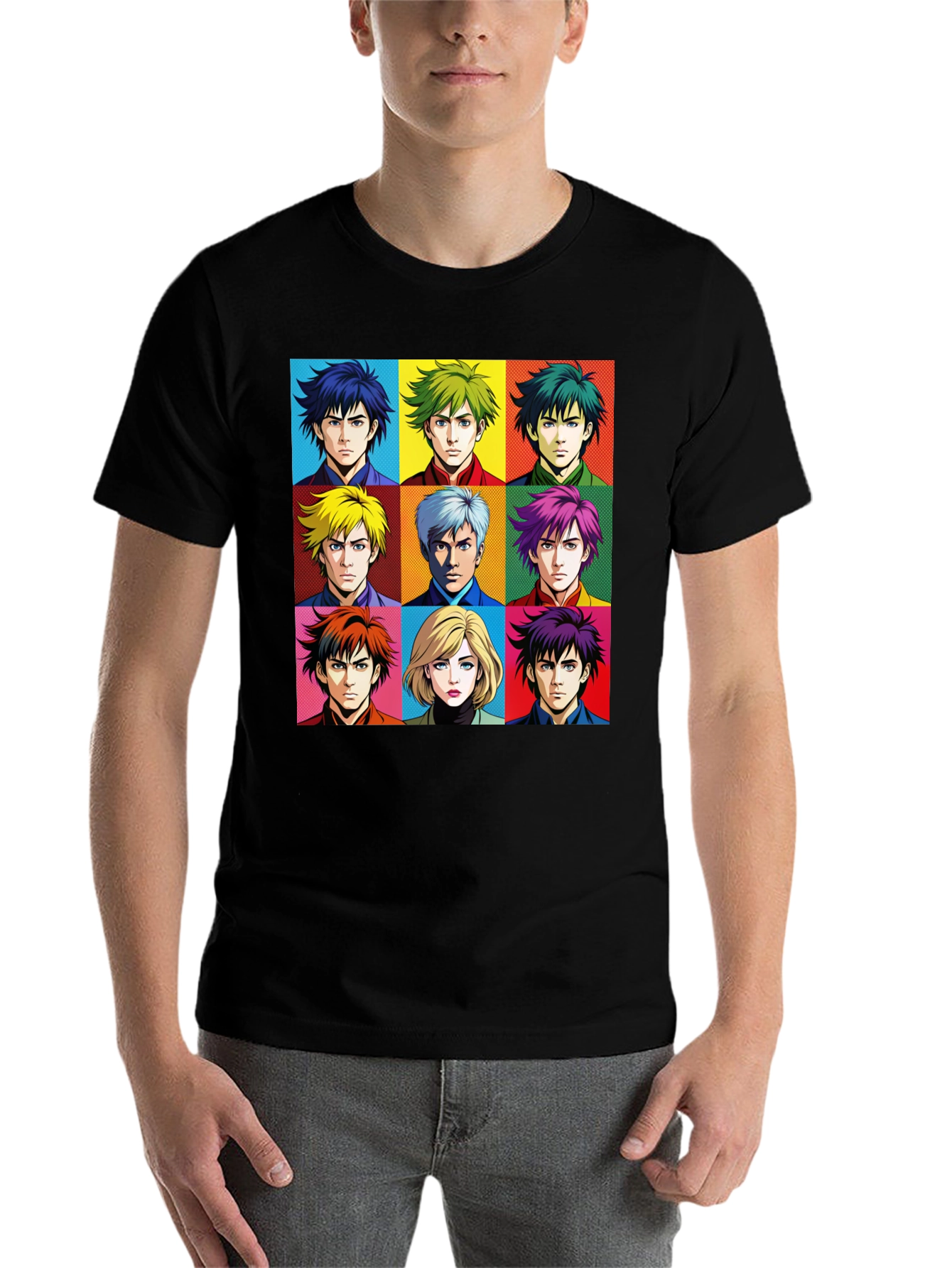 Black Anime Faces T-Shirt, Pop Art Design view 7