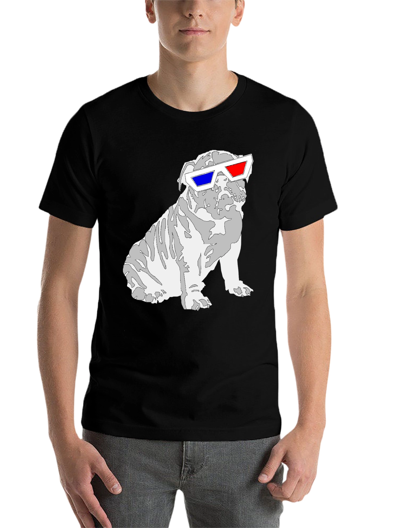 Black Cool Bulldog 3D Glasses Graphic T-Shirt view 7